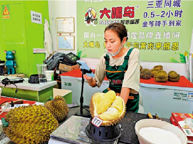 　　圖：海南一家榴槤專賣店正在直播帶貨，銷售火爆。/大公報記者何玫攝