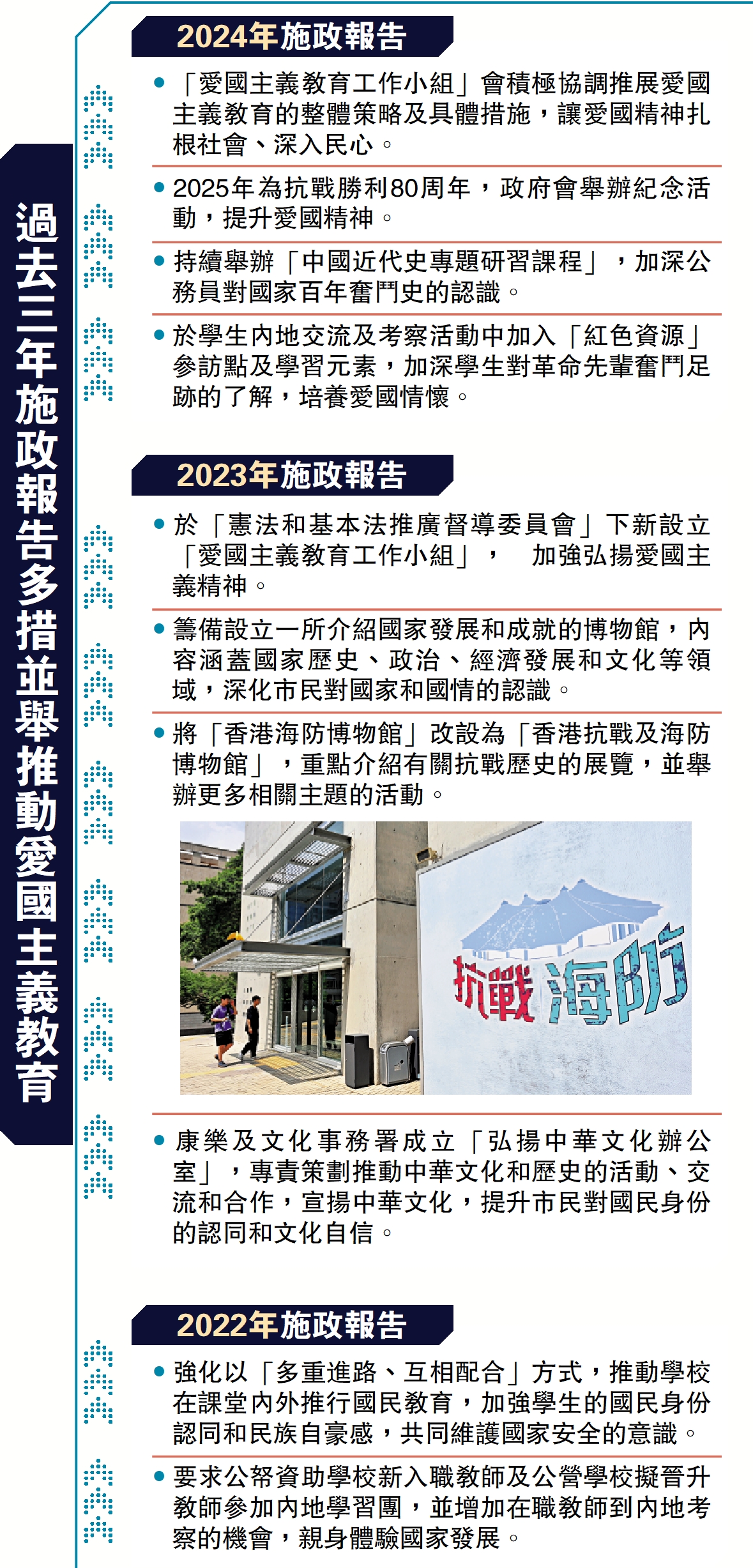　　圖：過去三年施政報告多措並舉推動愛國主義教育