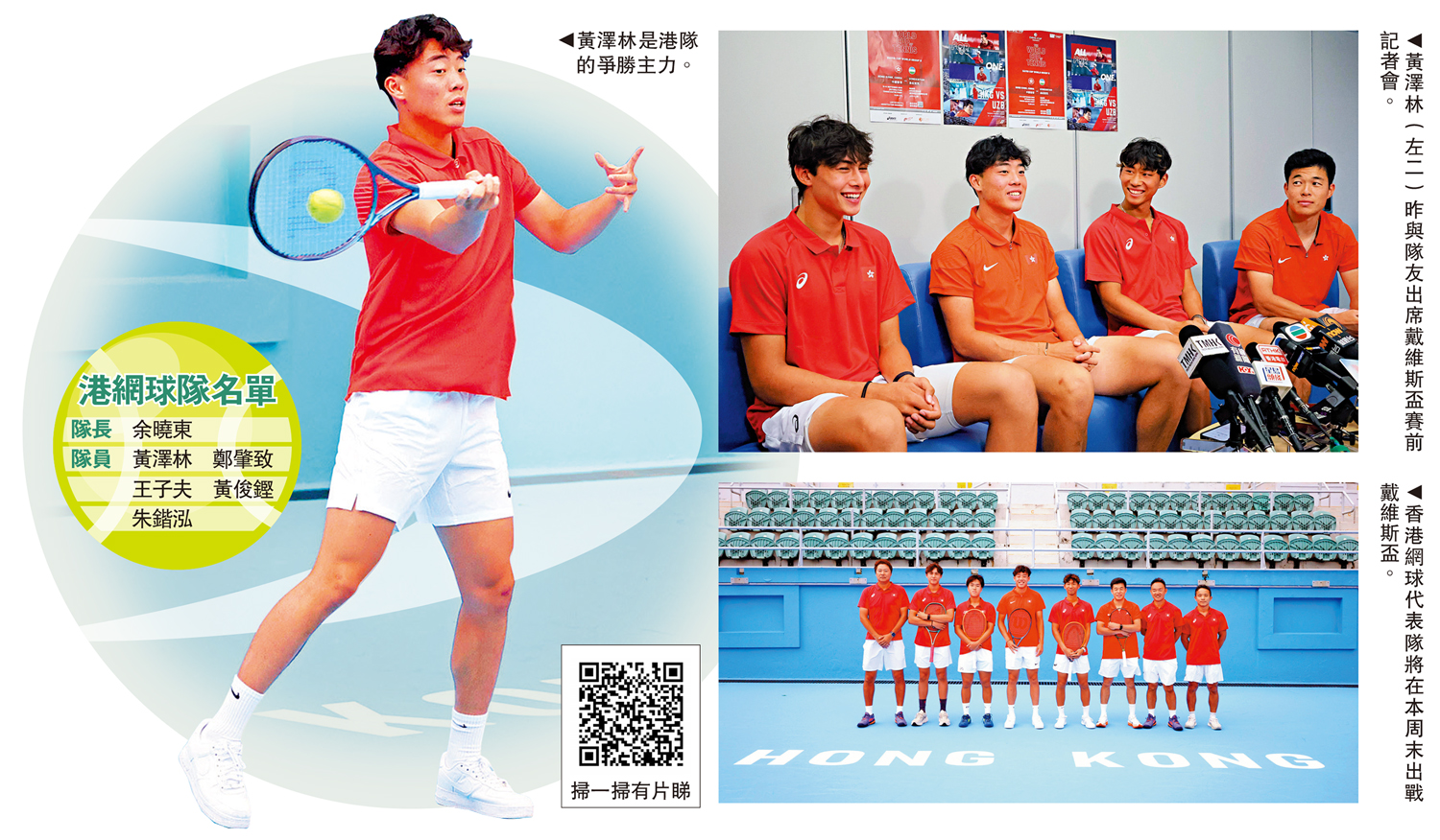 　　左圖：黃澤林是港隊的爭勝主力。右上圖：黃澤林（左二）昨與隊友出席戴維斯盃賽前記者會。右下圖：香港網球代表隊將在本周末出戰戴維斯盃。