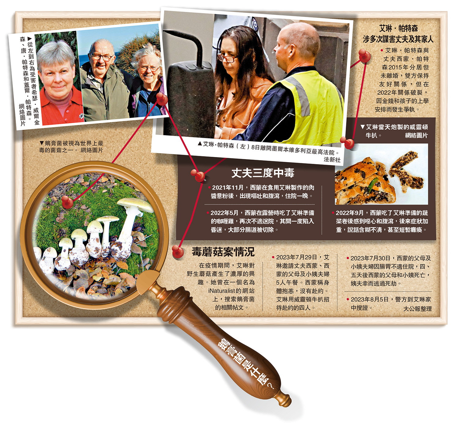 　　左圖：從左到右為受害者希瑟·威爾金森、唐·帕特森和蓋爾·帕特森。\網絡圖片；右圖：艾琳·帕特森（左）8日離開墨爾本維多利亞最高法院。\法新社；下圖：鵝膏菌被視為世界上最毒的菌菇之一。\網絡圖片