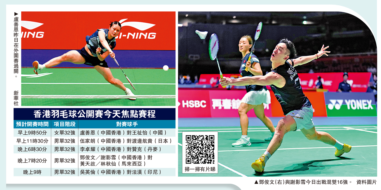 　　左圖：盧善恩昨日在外圍賽過關。\新華社；右圖：鄧俊文（右）與謝影雪今日出戰混雙32強。\資料圖片