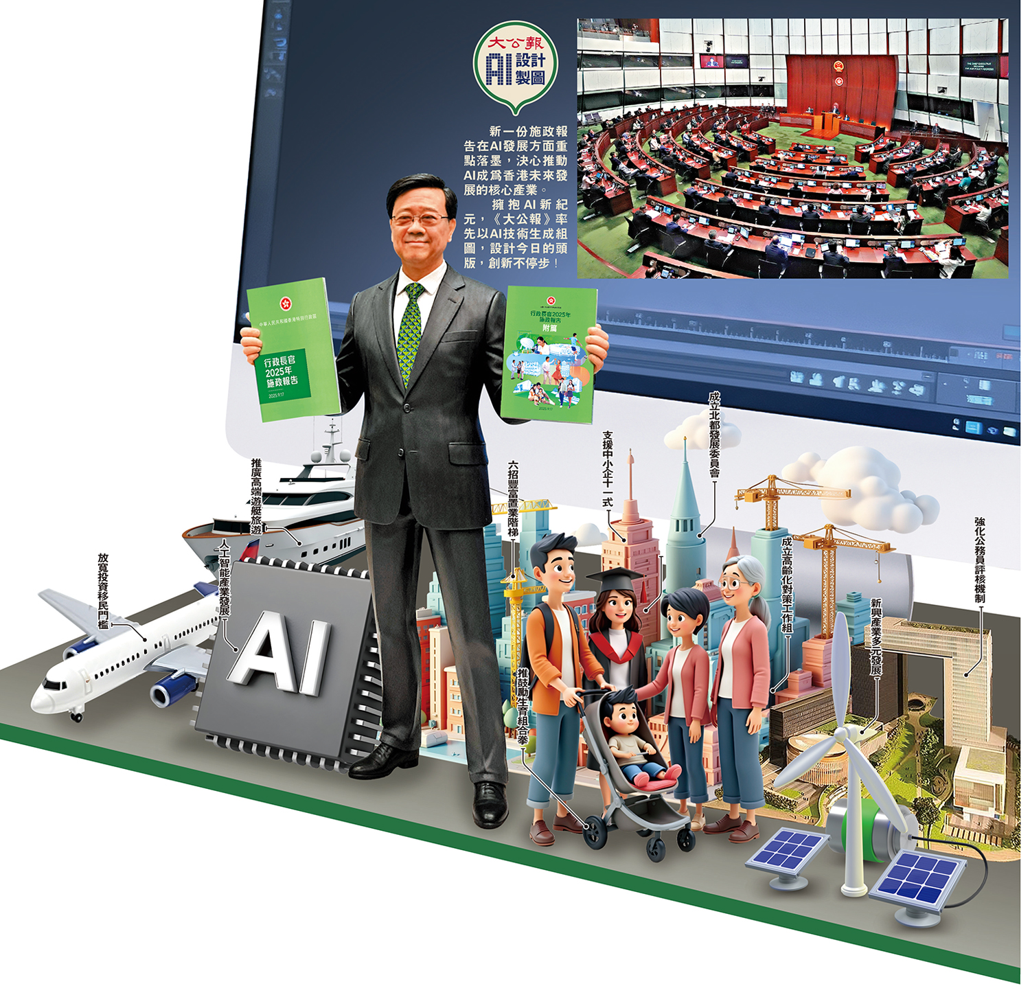　　圖：新一份施政報告在AI發展方面重點落墨，決心推動AI成為香港未來發展的核心產業。擁抱AI新紀元，《大公報》率先以AI技術生成組圖，設計今日的頭版，創新不停步！