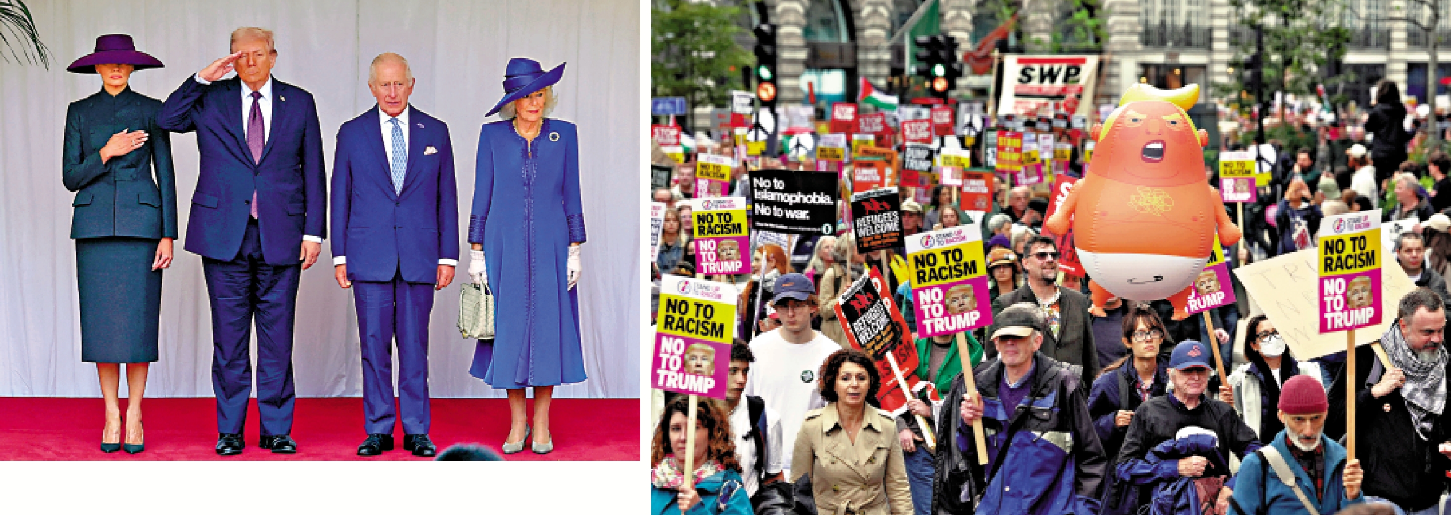 　　左圖：查爾斯三世（右二）和卡米拉王后（右一）17日在溫莎堡接待特朗普夫婦。\法新社；右圖：英國民眾17日在倫敦舉行反特朗普示威活動。\路透社