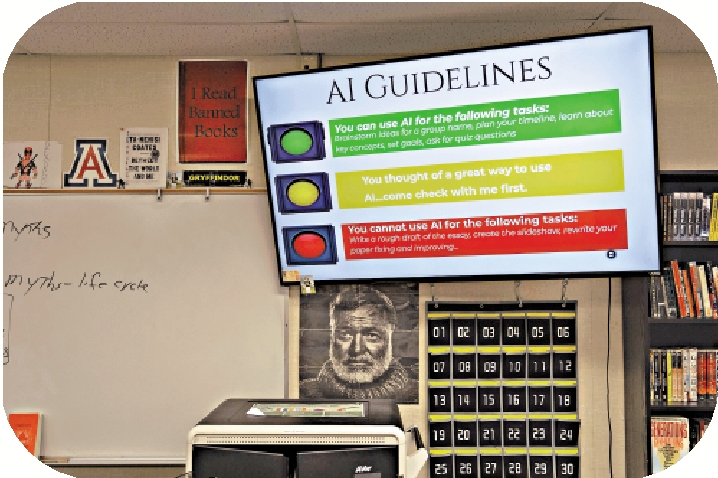 　　圖：美國加州一間高中教室的電子屏幕上顯示AI使用指南。\美聯社