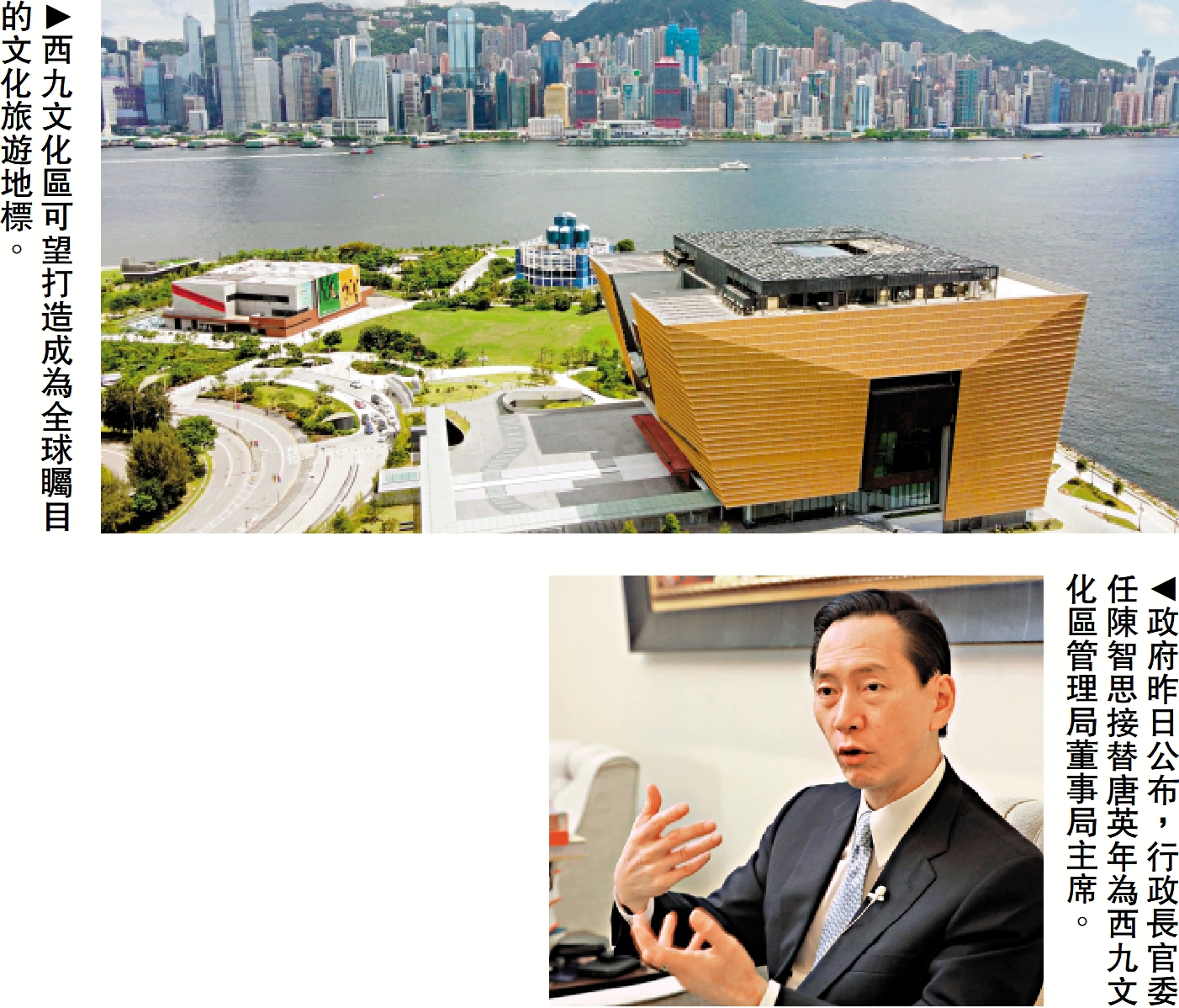 　　上圖：西九文化區可望打造成為全球矚目的文化旅遊地標。下圖：政府昨日公布，行政長官委任陳智思接替唐英年為西九文化區管理局董事局主席。