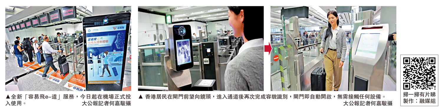 　　左圖：全新「容易飛e-道」服務，今日起在機場正式投入使用。右圖：香港居民在閘門前望向鏡頭，進入通道後再次完成容貌識別，閘門即自動開啟，無需接觸任何設備。\大公報記者何嘉駿攝