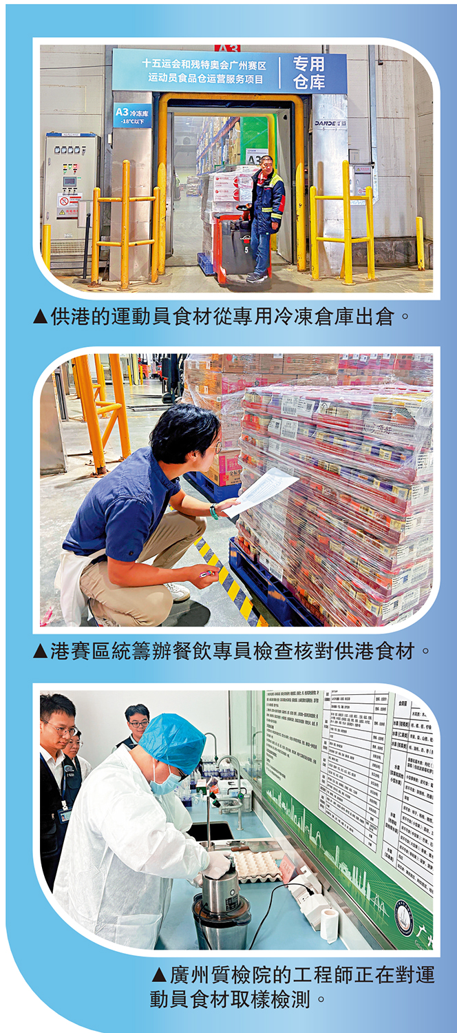 　　圖：（上）供港的運動員食材從專用冷凍倉庫出倉。（中）港賽區統籌辦餐飲專員檢查核對供港食材。（下）廣州質檢院的工程師正在對運動員食材取樣檢測。