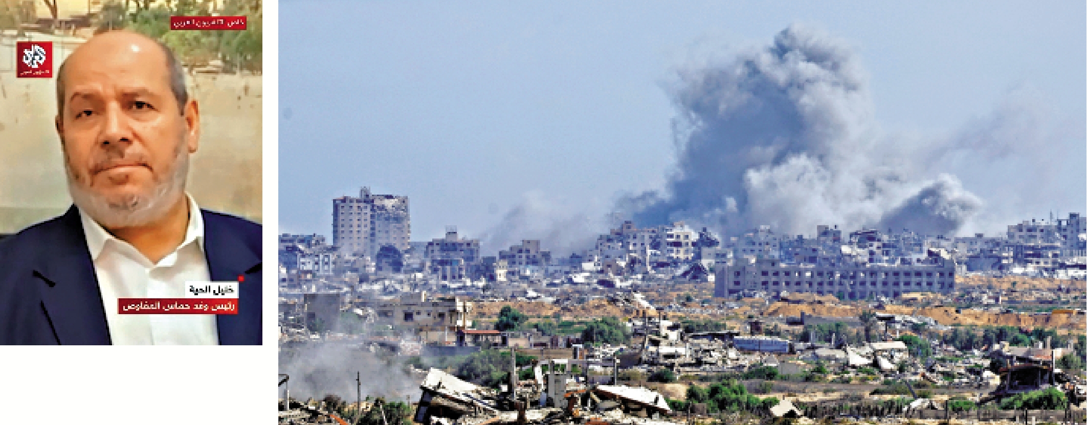 　　左圖：哈馬斯高級官員哈亞將率領代表團參加談判。\網絡圖片；右圖：以軍5日仍在轟炸加沙地帶。\路透社