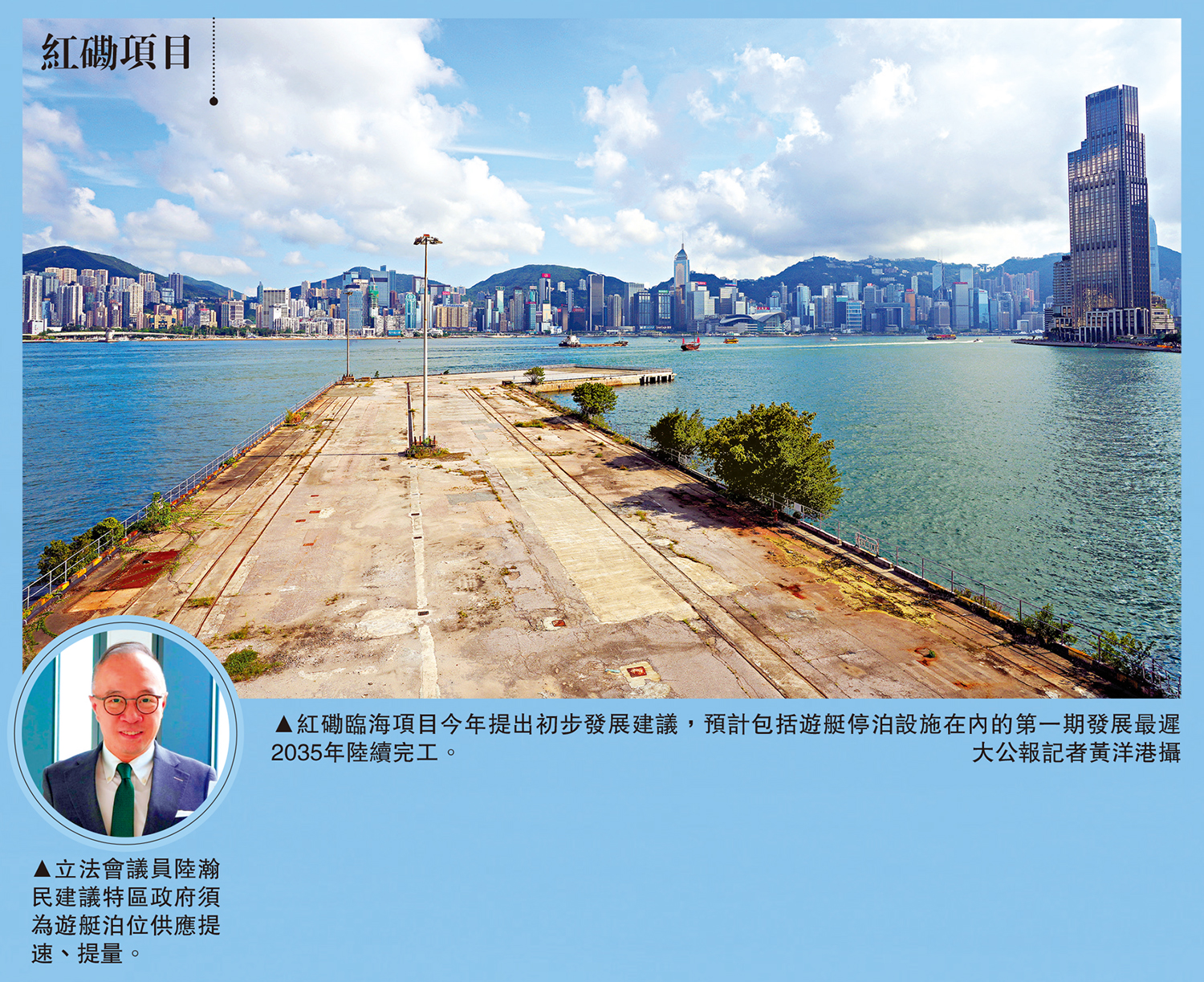 　　圖：▲紅磡臨海項目今年提出初步發展建議，預計包括遊艇停泊設施在內的第一期發展最遲2035年陸續完工。\大公報記者黃洋港攝；圓圖：立法會議員陸瀚民建議特區政府須為遊艇泊位供應提速、提量。