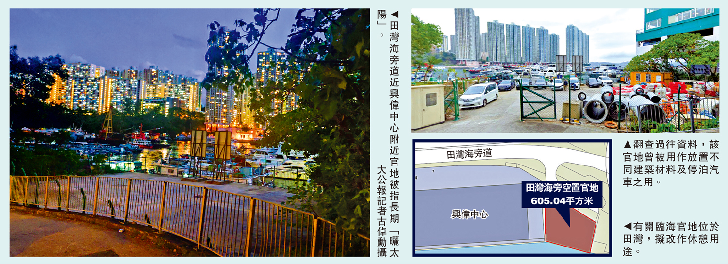 　　左圖：田灣海旁道近興偉中心附近官地被指長期「曬太陽」。\大公報記者古倬勳攝；右上圖：翻查過往資料，該官地曾被用作放置不同建築材料及停泊汽車之用。右下圖：有關臨海官地位於田灣，擬改作休憩用途。
