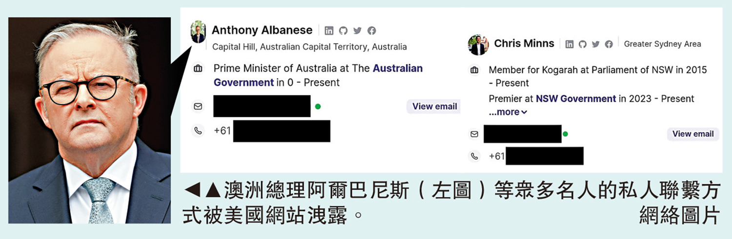 　　圖：澳洲總理阿爾巴尼斯（左圖）等眾多名人的私人聯繫方式被美國網站洩露。\網絡圖片