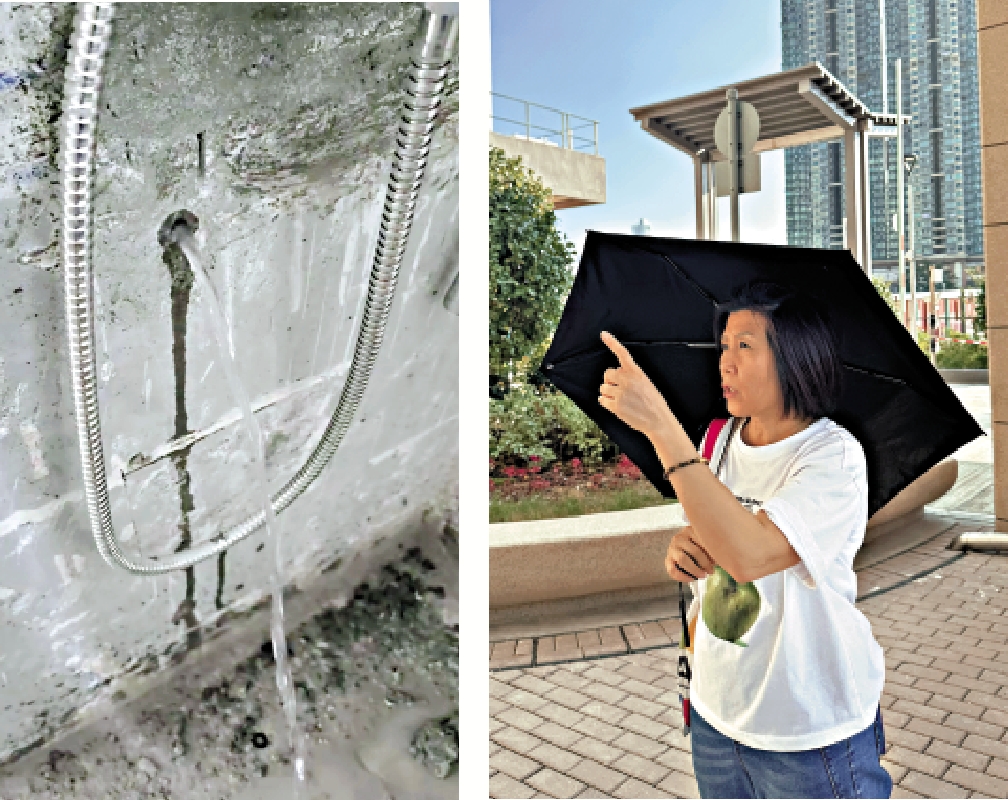 　　圖：社交平台傳播的視頻顯示，啟悅苑一個單位牆身有滲水痕跡，還有水流出。屋苑另一位業主韓女士看了視頻表示打消改動廁所水喉的念頭。