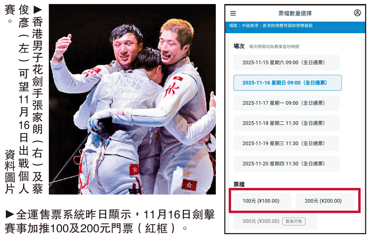 　　左圖：香港男子花劍手張家朗（右）及蔡俊彥（左）可望11月16日出戰個人賽。\資料圖片；右圖：全運售票系統昨日顯示，11月16日劍擊賽事加推100及200元門票（紅框）。
