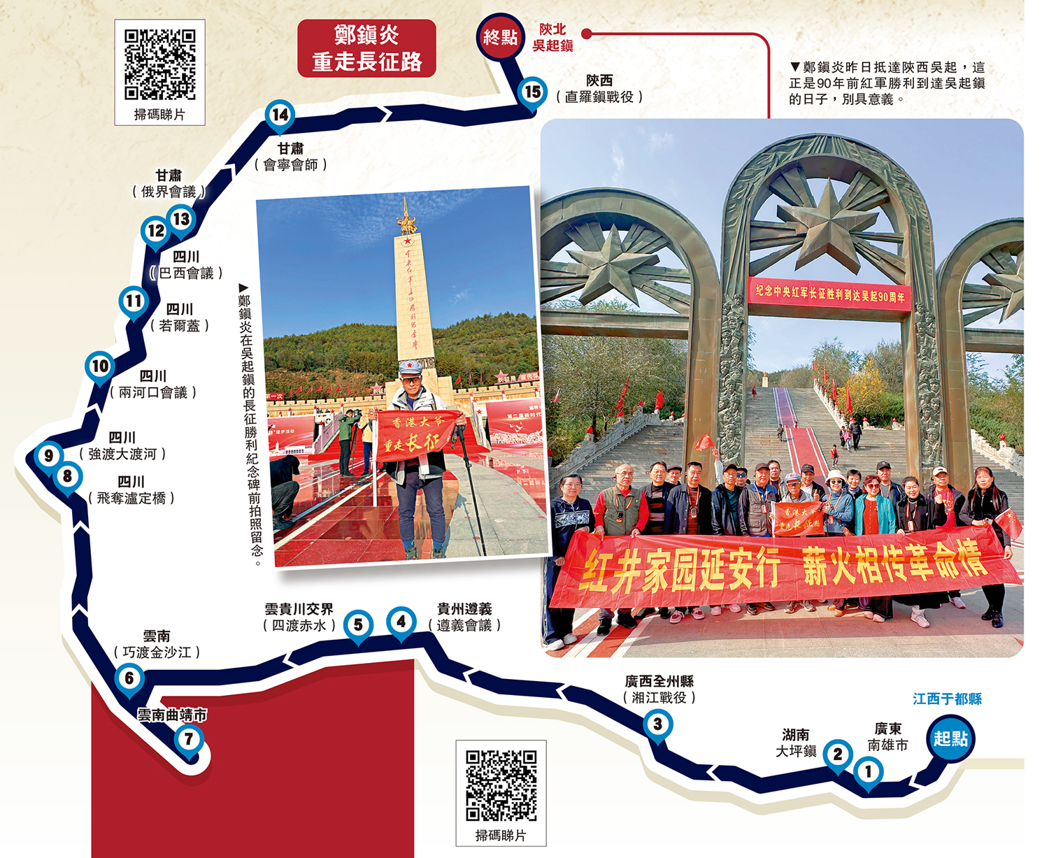 　　左圖：鄭鎮炎在吳起鎮的長征勝利紀念碑前拍照留念。右圖：鄭鎮炎昨日抵達陝西吳起，這正是90年前紅軍勝利到達吳起鎮的日子，別具意義。