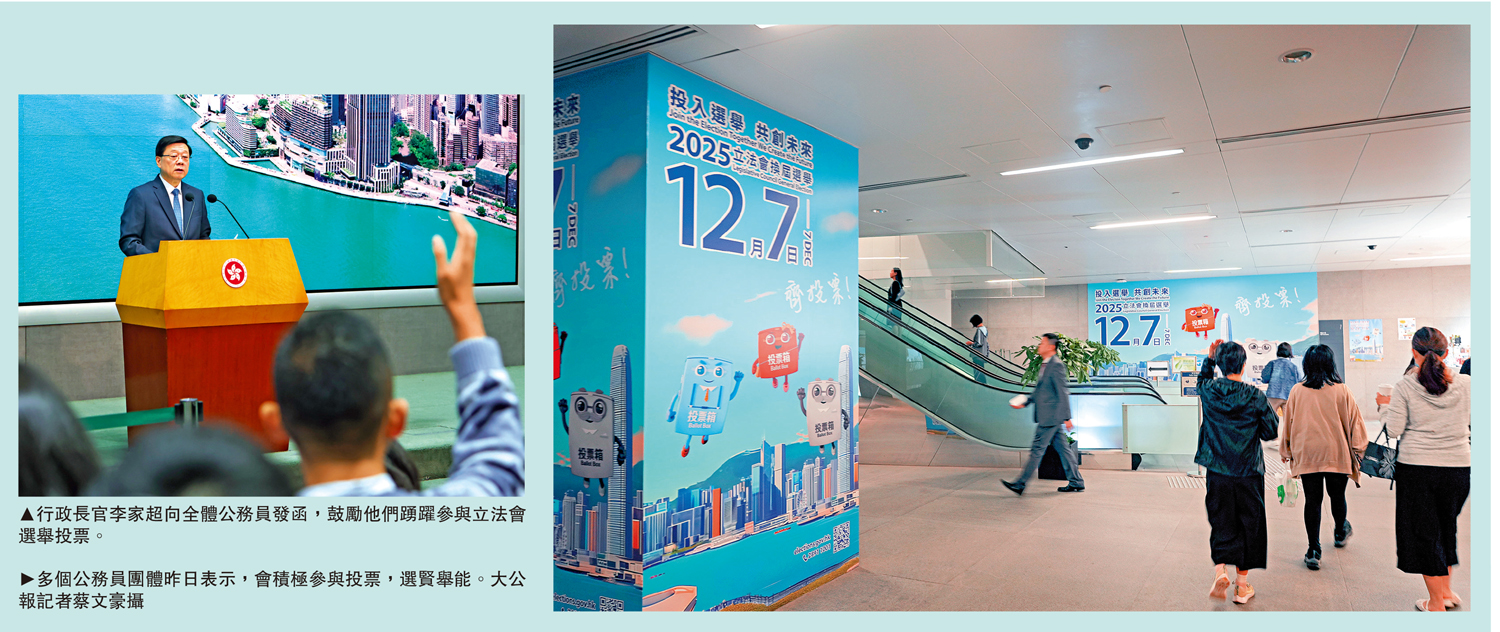 　　左圖：行政長官李家超向全體公務員發函，鼓勵他們踴躍參與立法會選舉投票。右圖：多個公務員團體昨日表示，會積極參與投票，選賢舉能。\大公報記者蔡文豪攝