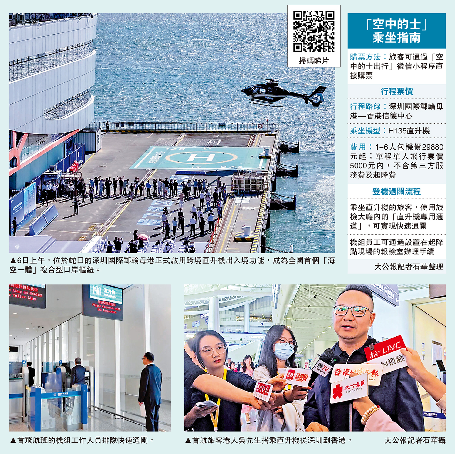　　上圖：6日上午，位於蛇口的深圳國際郵輪母港正式啟用跨境直升機出入境功能，成為全國首個「海空一體」複合型口岸樞紐。左下圖：首飛航班的機組工作人員排隊快速通關。右下圖：首航旅客港人吳先生搭乘直升機從深圳到香港。\大公報記者石華攝