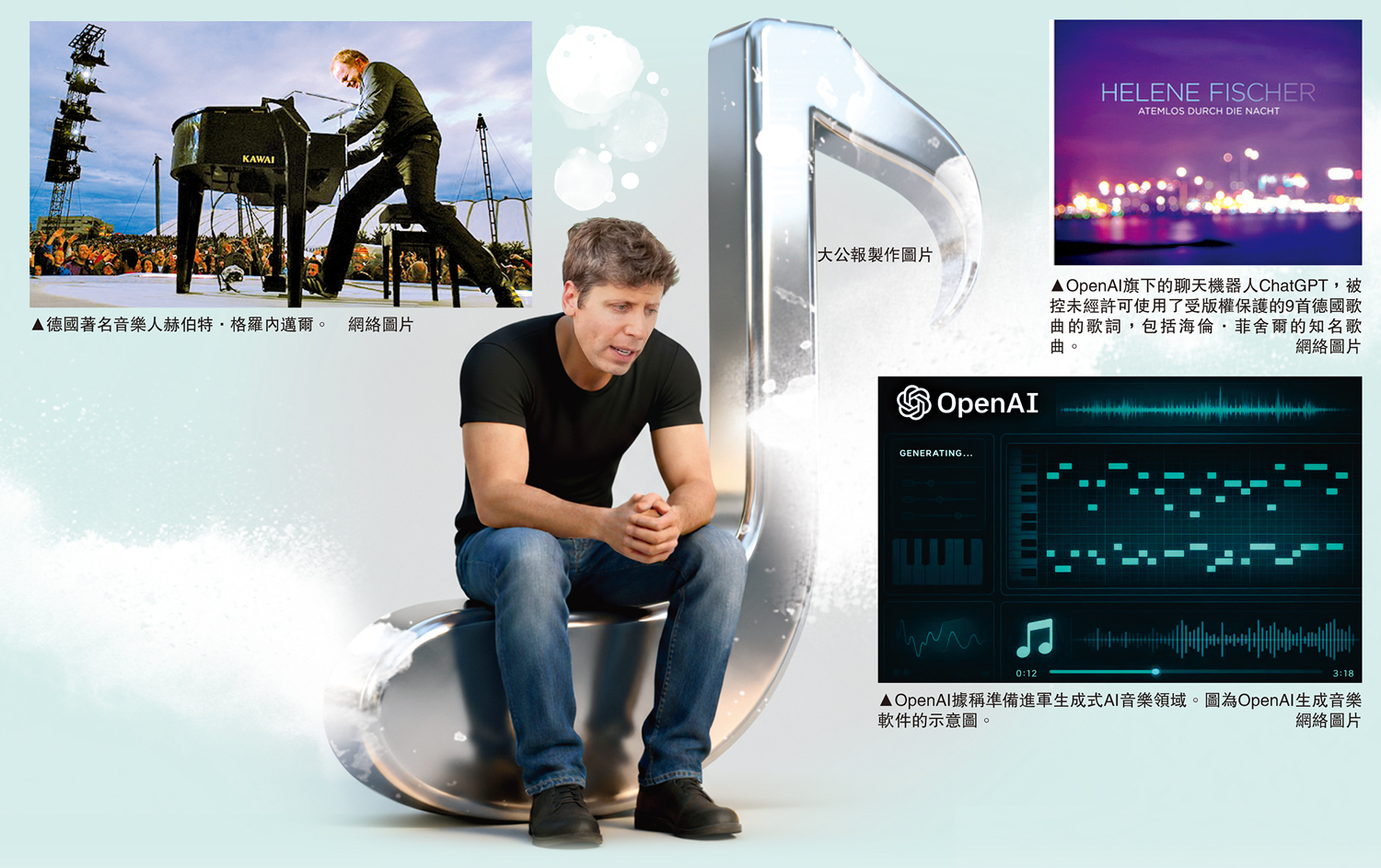 　　左圖：德國著名音樂人赫伯特·格羅內邁爾。右上圖：OpenAI旗下的聊天機器人ChatGPT，被控未經許可使用了受版權保護的9首德國歌曲的歌詞，包括海倫·菲舍爾的知名歌曲。 右下圖：OpenAI據稱準備進軍生成式AI音樂領域。圖為OpenAI生成音樂軟件的示意圖。\網絡圖片