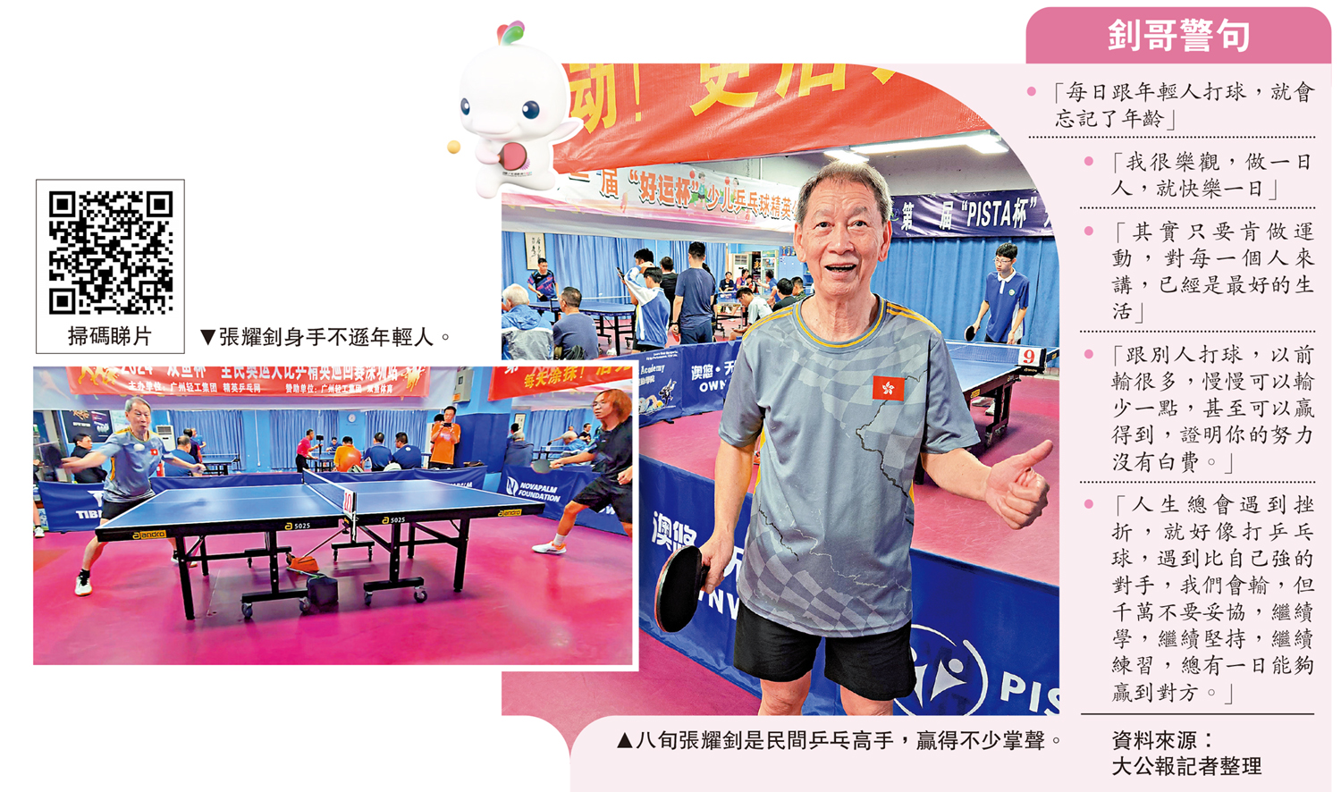　　左圖：張耀釗身手不遜年輕人。右圖：八旬張耀釗是民間乒乓高手，贏得不少掌聲。