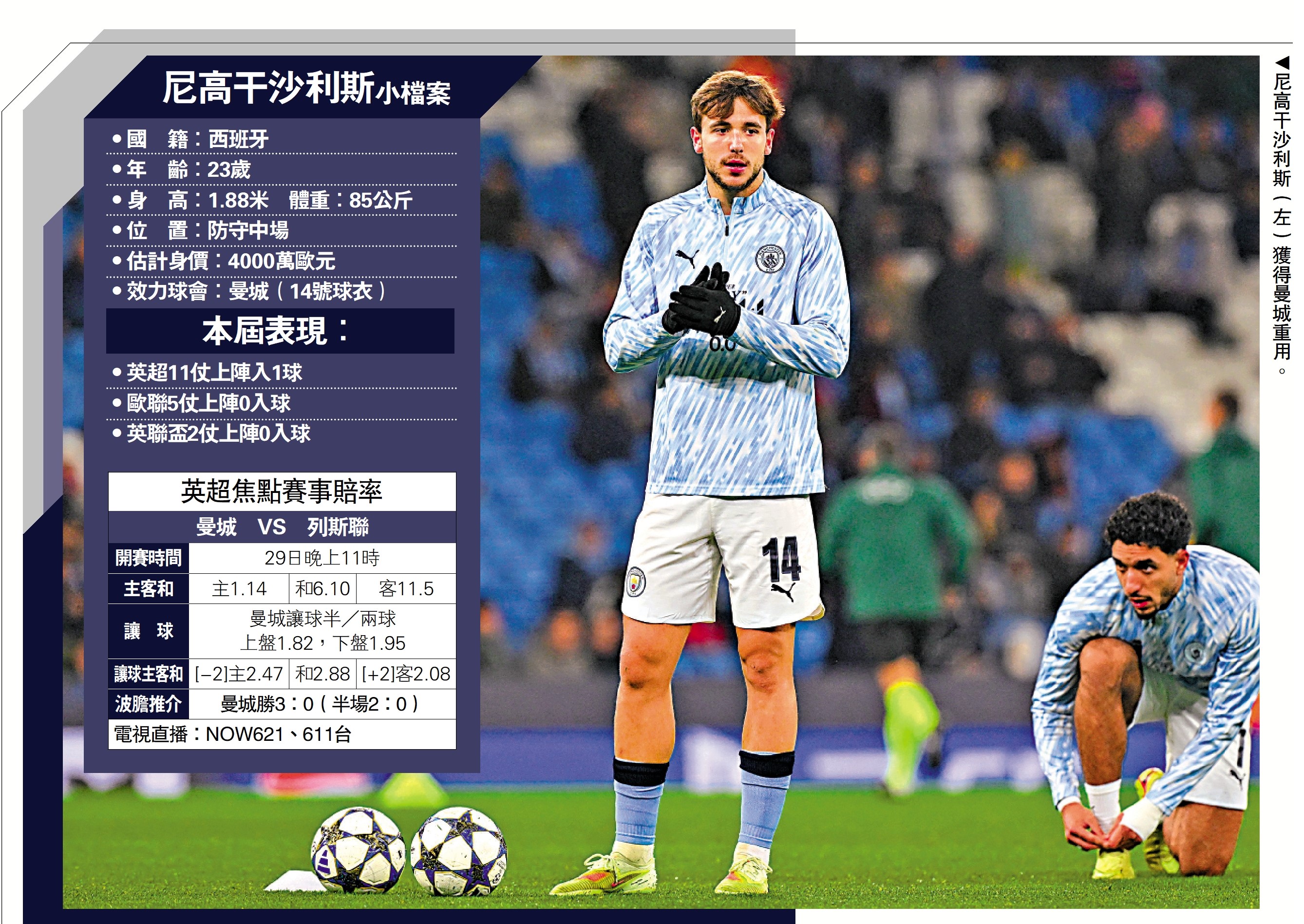 　　圖：尼高干沙利斯（左）獲得曼城重用。