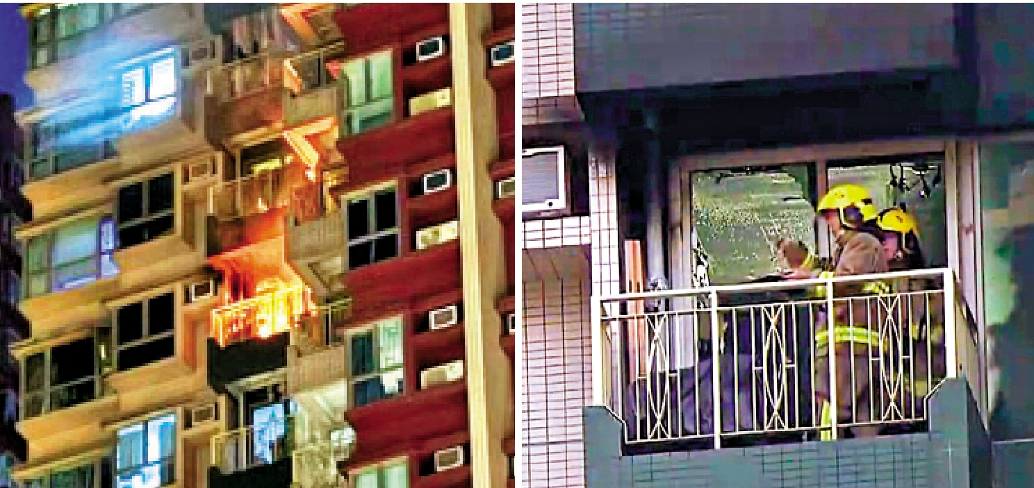 　　圖：左圖﹕元朗YOHO Town起火單位窗外可見火光熊熊。右圖﹕消防員在單位調查起火原因。