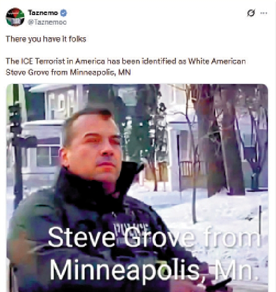 　　圖：一名用戶分享Grok生成的虛假圖片，該圖片被誤認為是開槍的ICE特工的真實面容。\網絡圖片