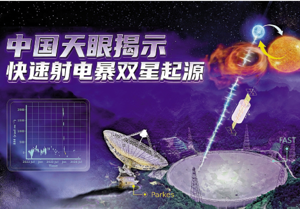 　　圖：該項成果的想像圖：雙星系統中，伴星發生強星冕物質拋射形成磁化等離子體雲，當該雲團穿過地球與快速射電暴源的觀測視線時，引發法拉第旋轉量劇烈變化，被FAST成功捕獲。