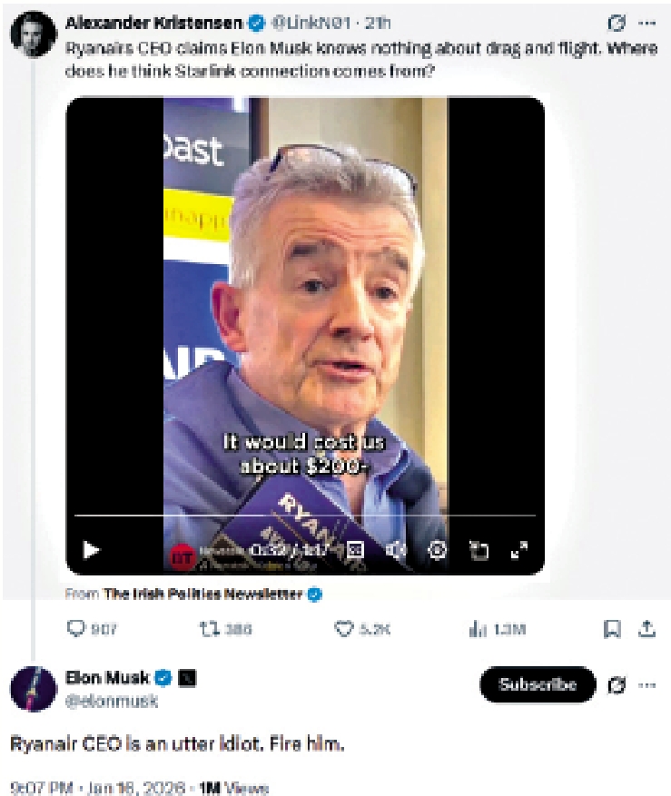 　　圖：馬斯克16日在社交平台X上辱罵瑞安航空CEO奧利里是「蠢貨」。\網絡圖片