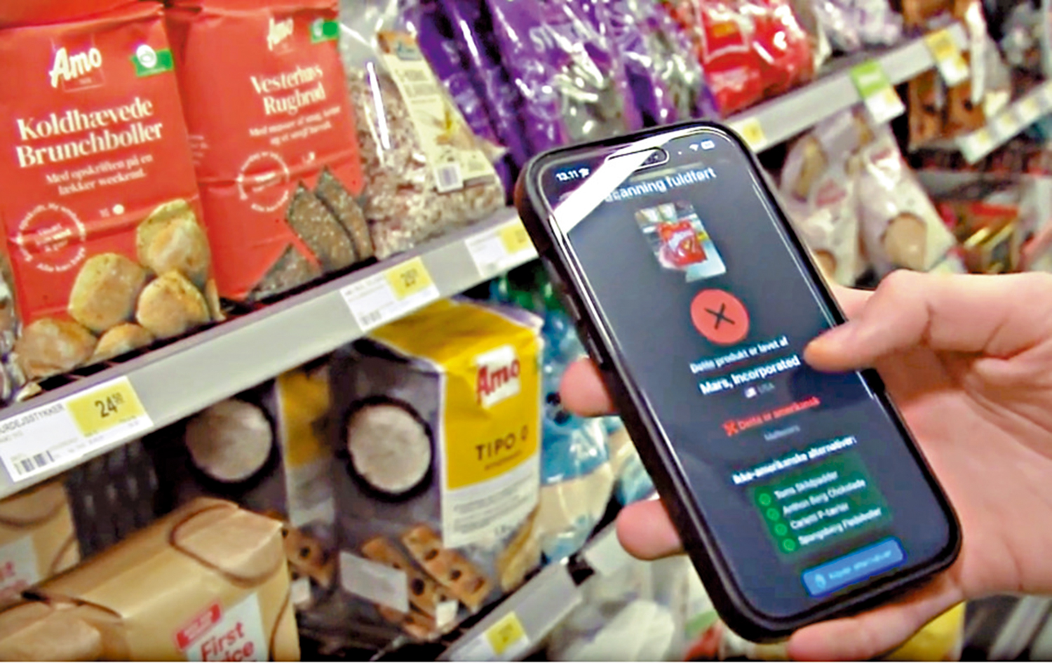 　　圖：丹麥消費者用應用程式識別美國商品。\視頻截圖