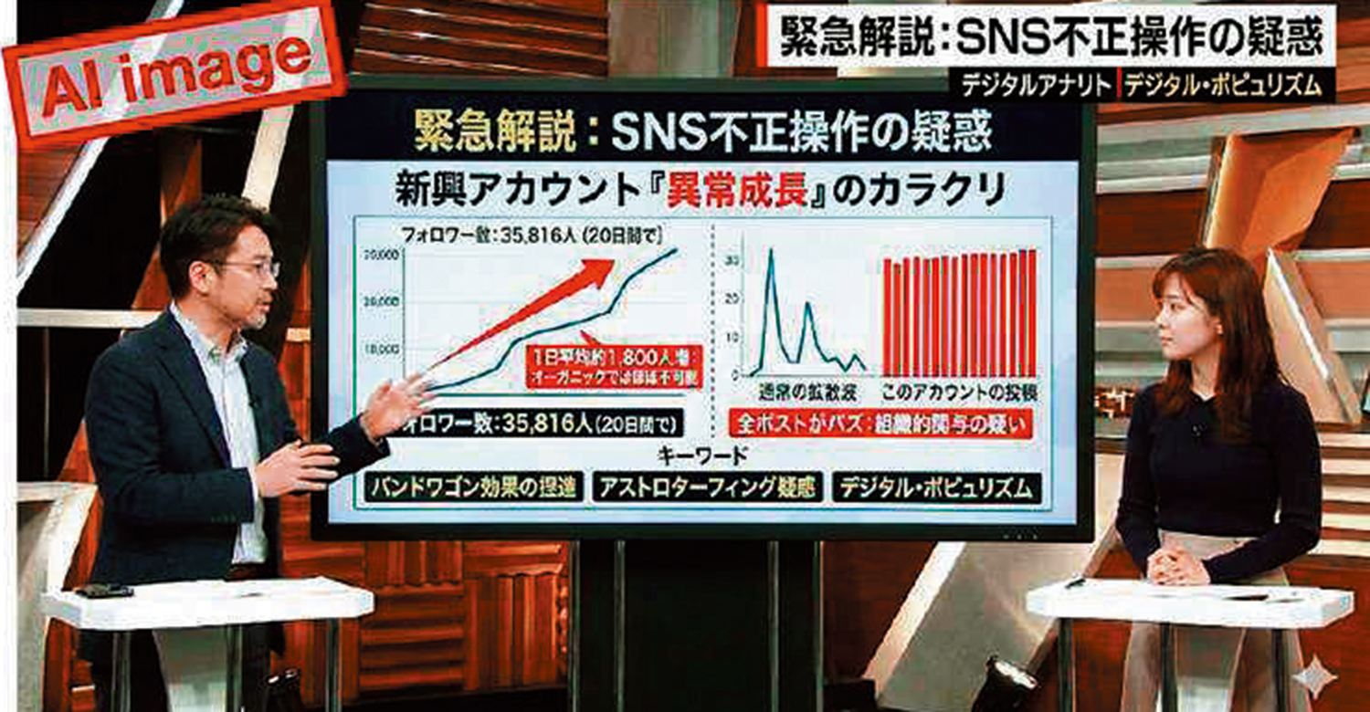 　　圖：AI生成的假圖片顯示某政黨粉絲量異常增加。\網絡圖片