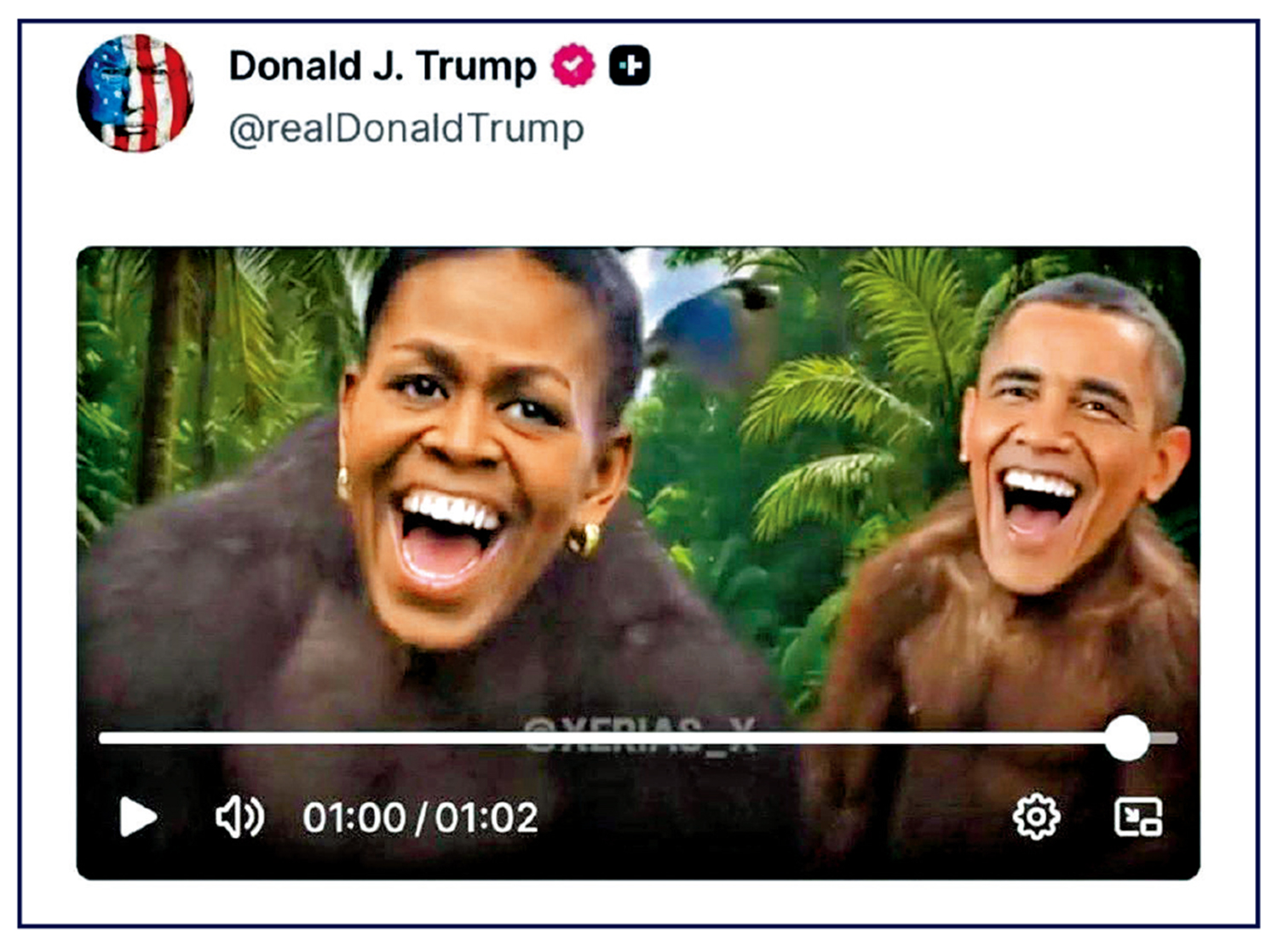 　　圖：特朗普在社交媒體發布關於奧巴馬夫婦的視頻涉嫌種族歧視。\網絡圖片
