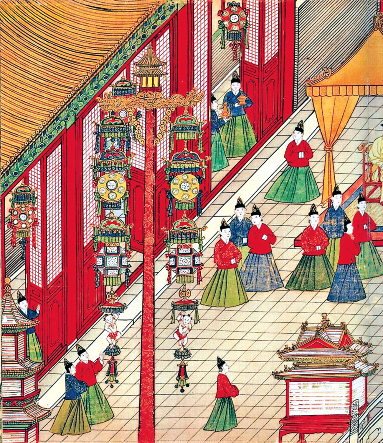 　　圖：《明憲宗元宵行樂圖》中描繪的元宵節張燈結綵景象。\中國國家博物館