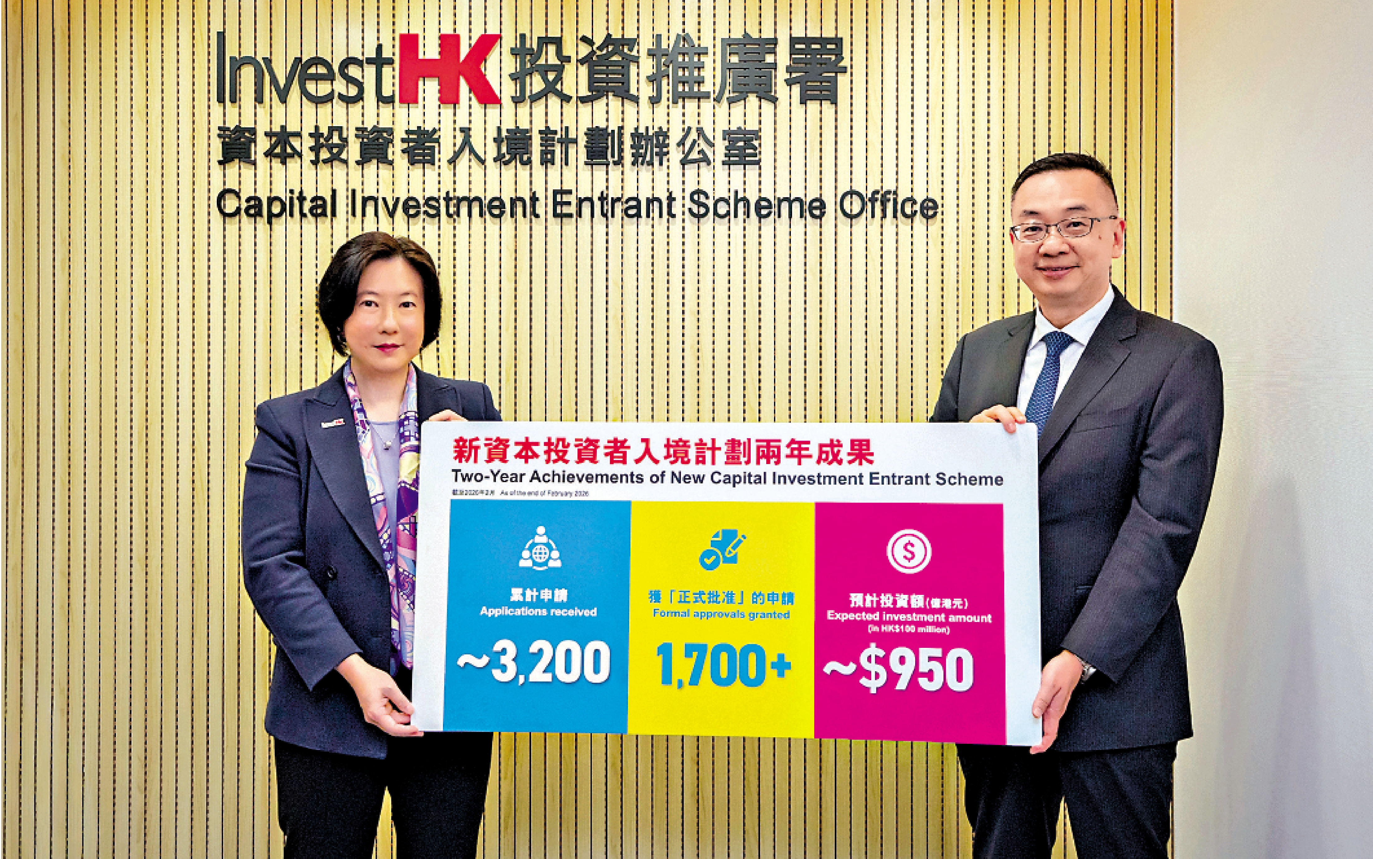 　　圖：入境事務處處長郭俊峯（右）及投資推廣署署長劉凱旋（左），共同展示「新資本投資者入境計劃」兩年成果。