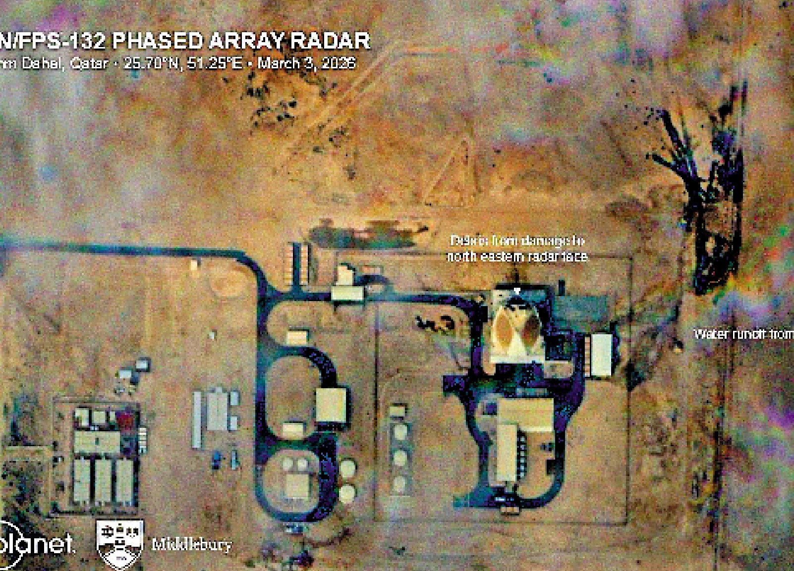 　　圖：伊朗成功打擊了美軍在卡塔爾的AN/FPS-132「鋪路爪」高端雷達。\網絡圖片