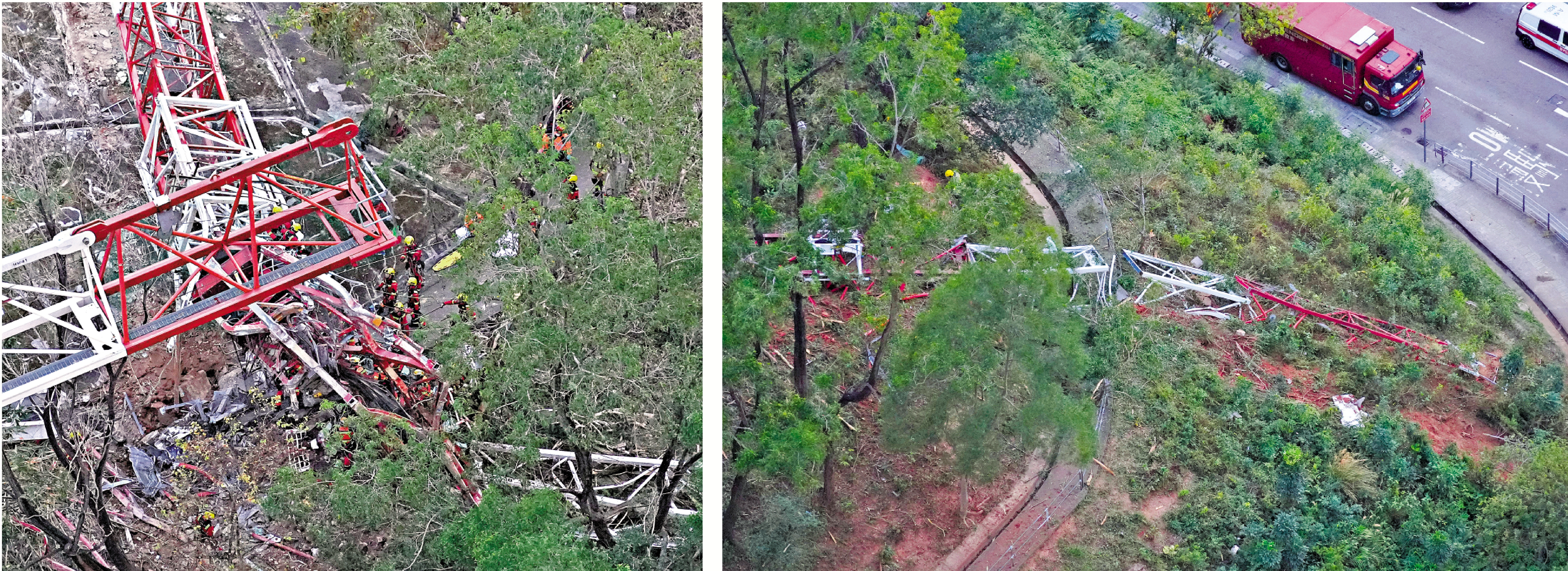 　　圖：葵涌地盤有天秤倒塌，六旬天秤操作員連人帶機墮坡身亡。\大公報記者林少權攝