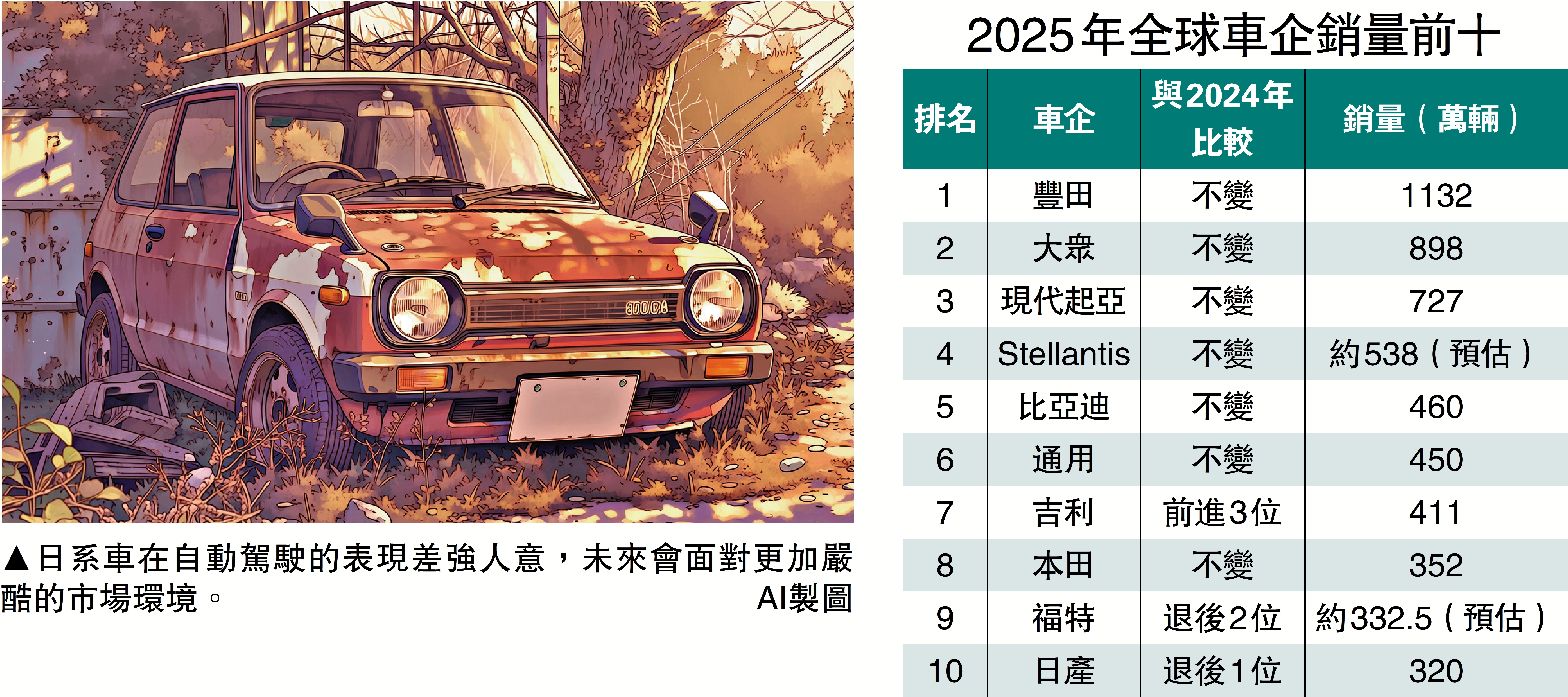 　　圖：日系車在自動駕駛的表現差強人意，未來會面對更加嚴酷的市場環境。/AI製圖