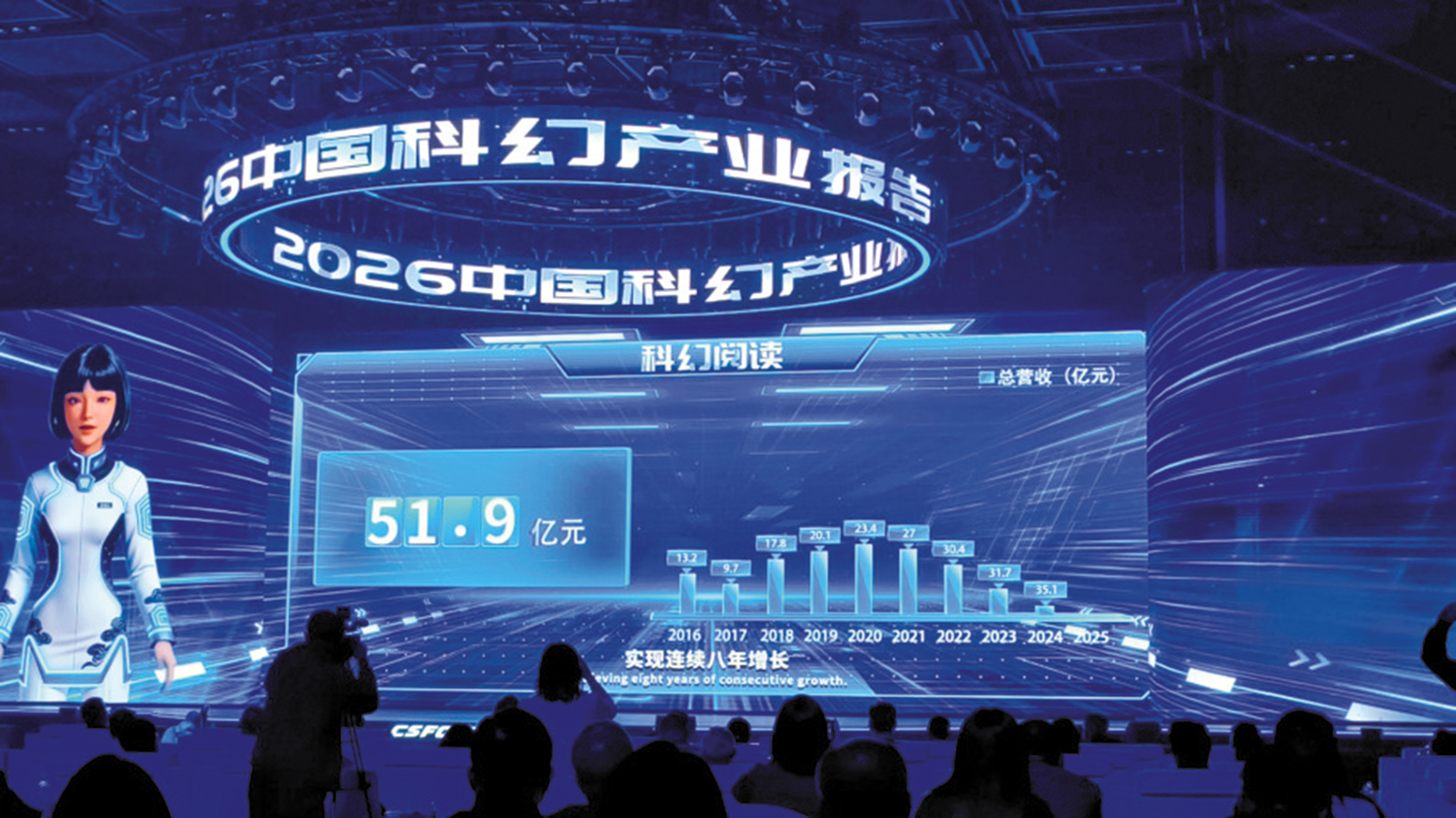 　　圖：2026中國科幻大會現場發布《2026中國科幻產業報告》。\大公報記者馬曉芳攝