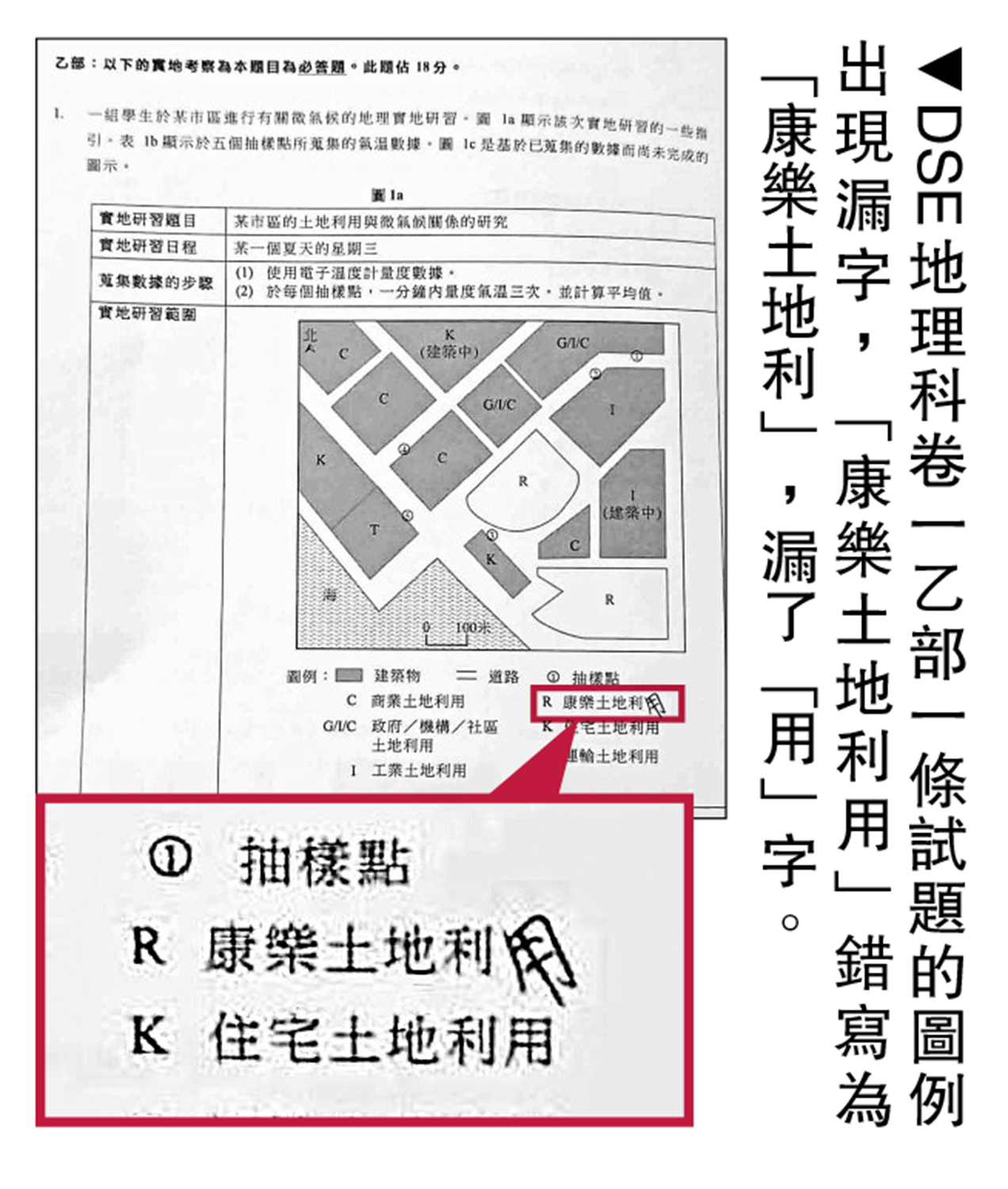 　　圖：DSE地理科卷一乙部一條試題的圖例出現漏字，「康樂土地利用」錯寫為「康樂土地利」，漏了「用」字。