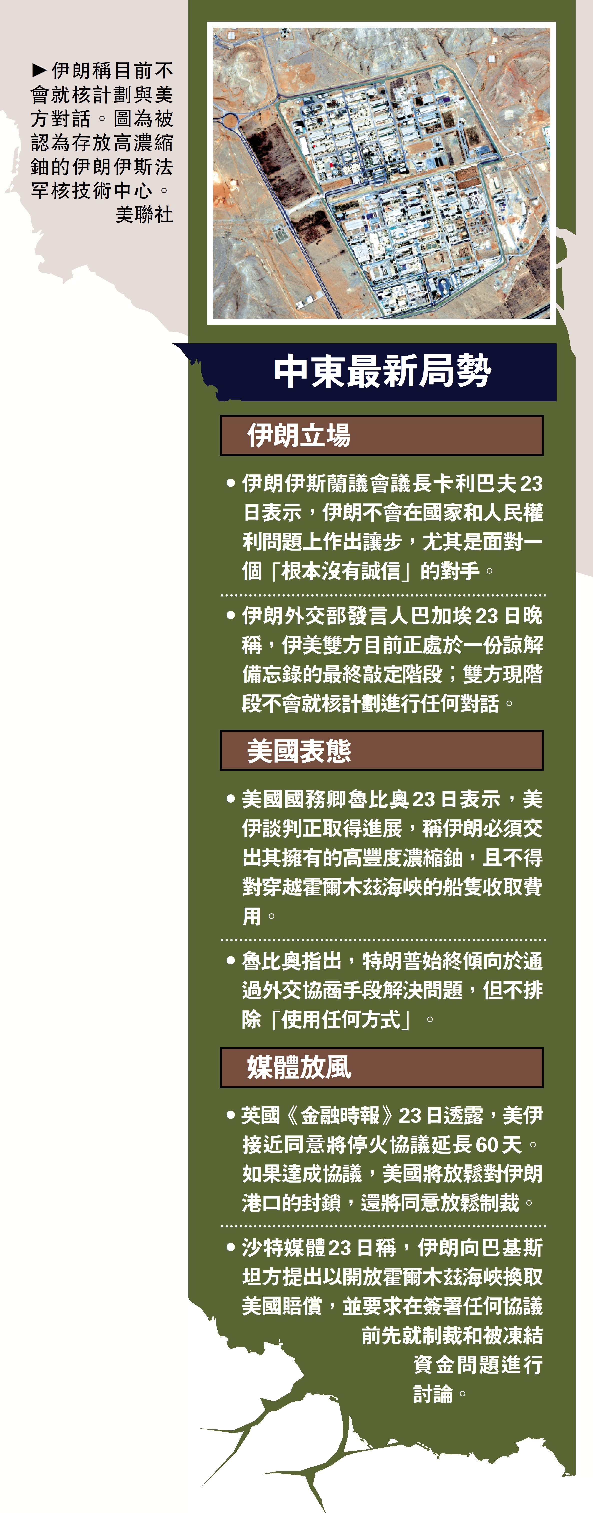 　　圖：伊朗稱目前不會就核計劃與美方對話。圖為被認為存放高濃縮鈾的伊朗伊斯法罕核技術中心。\美聯社