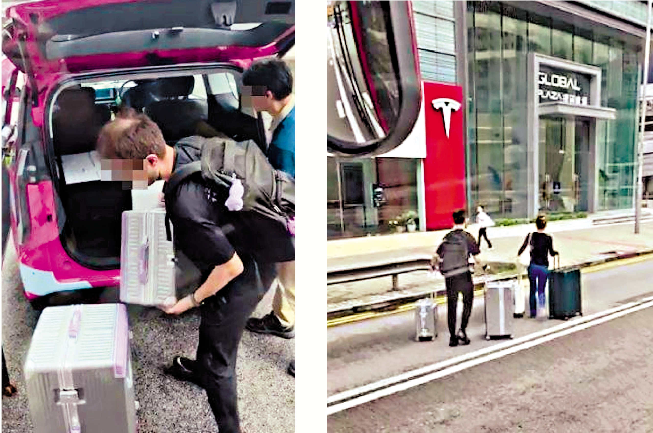 　　圖：網上片段顯示，青山公路荃灣段疑有的士停在馬路中央落客，兩名乘客在車尾箱搬出行李箱，並橫越兩條行車線到行人路。