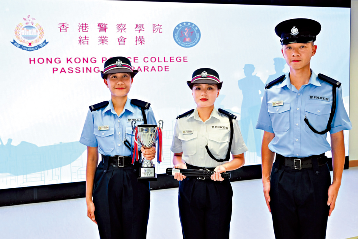 　　圖：新一批警校畢業的學員，左起：黎加華、鄺美琪及林禹軒。