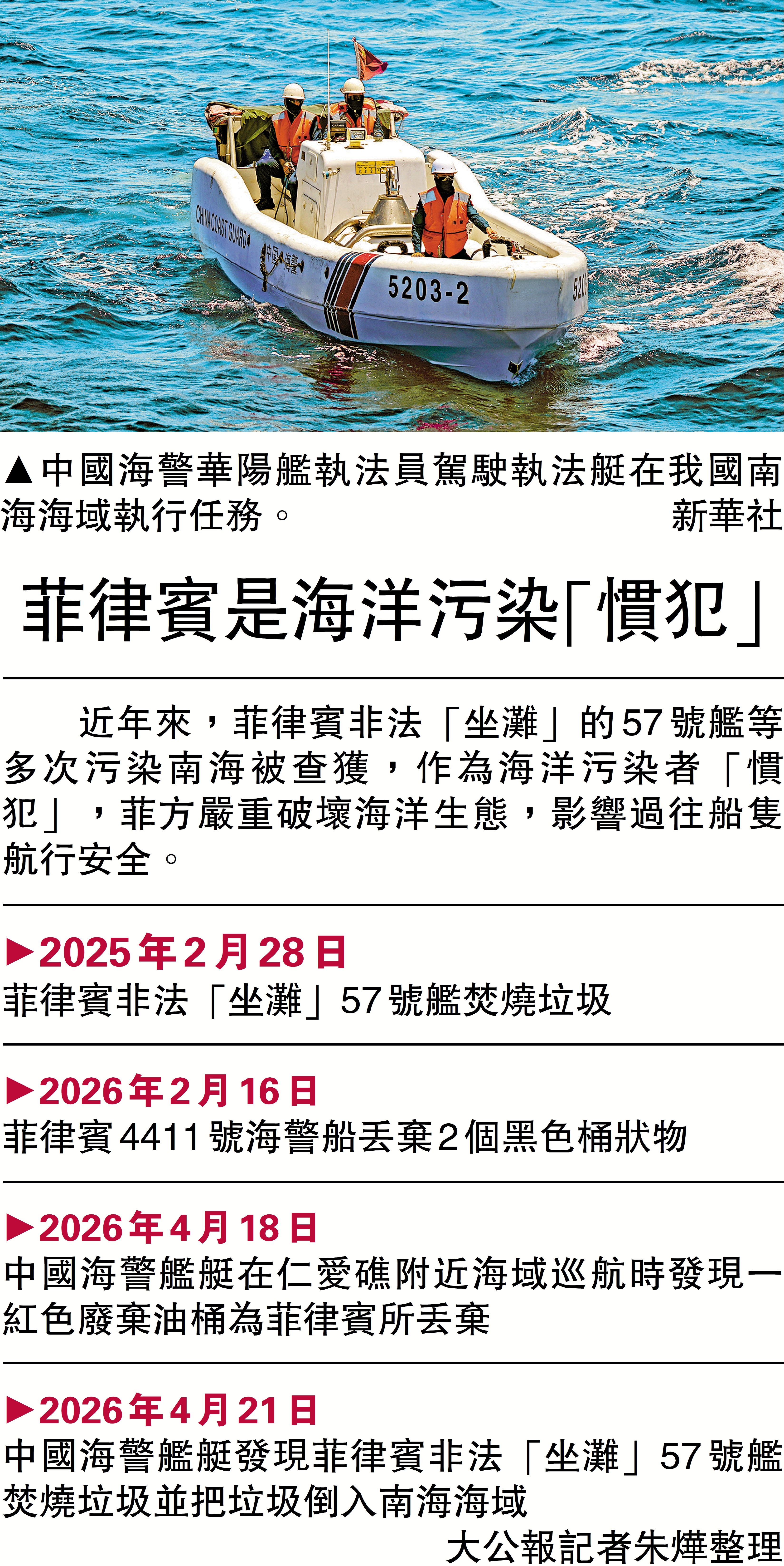 　　圖：中國海警華陽艦執法員駕駛執法艇在我國南海海域執行任務。\新華社
