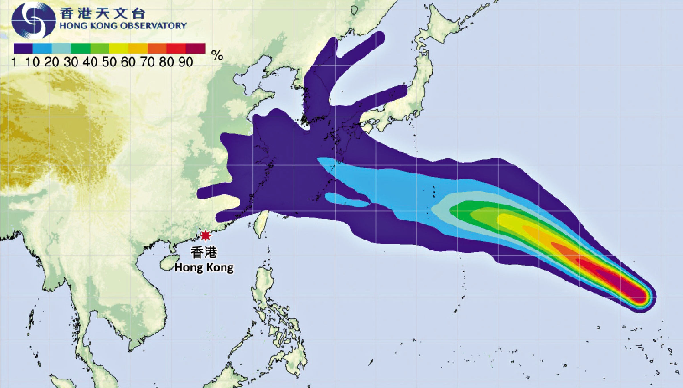 　　圖：天文台預測，「白海豚」會大致趨向日本以南海域，路徑及強度仍存在變數。