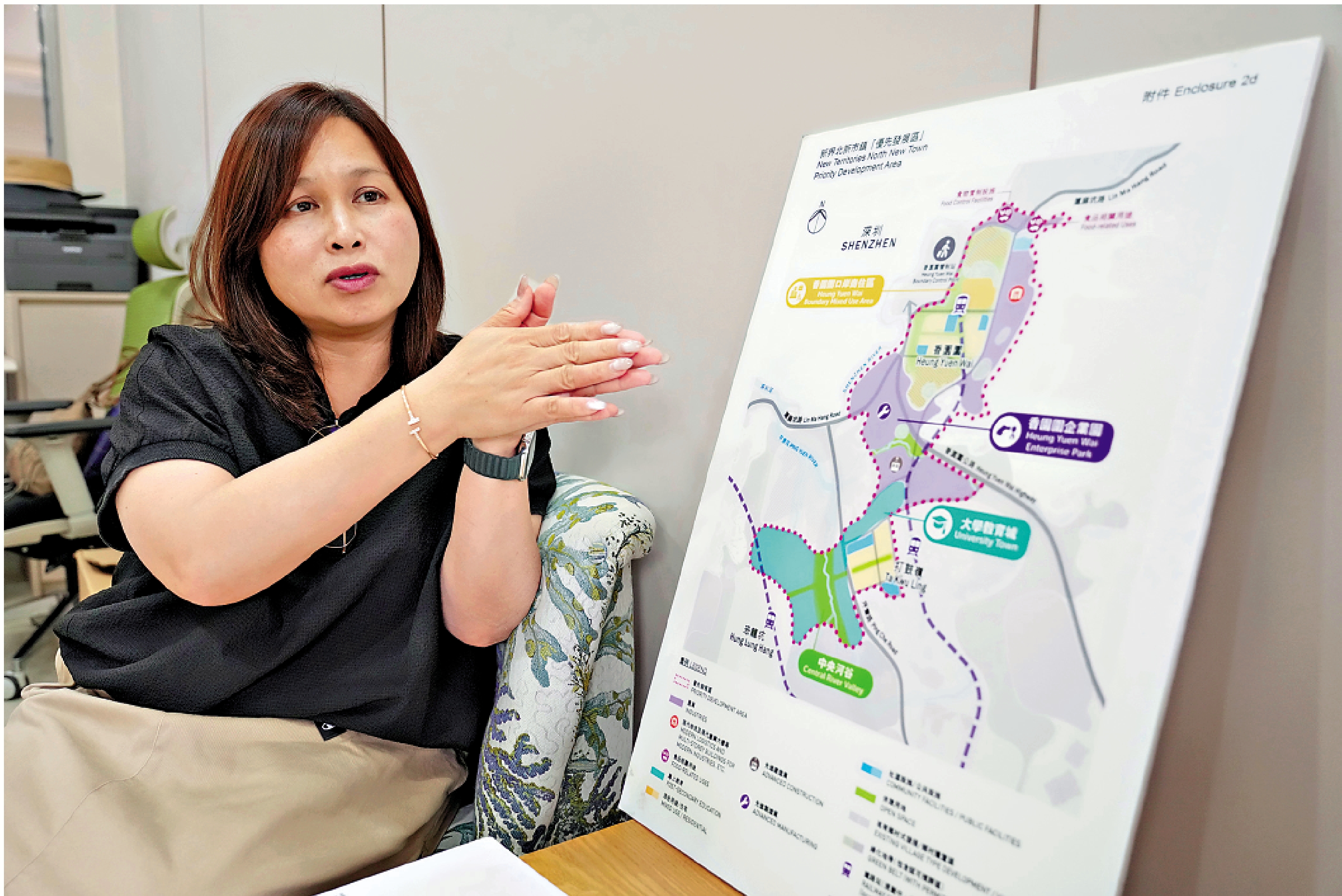 　　圖：陳月明表示，打鼓嶺有四大板塊的發展，涉及房屋商住、口岸經濟、大學城，亦預留了文體類規劃，是一個綜合型的大發展區。\大公報記者麥潤田攝