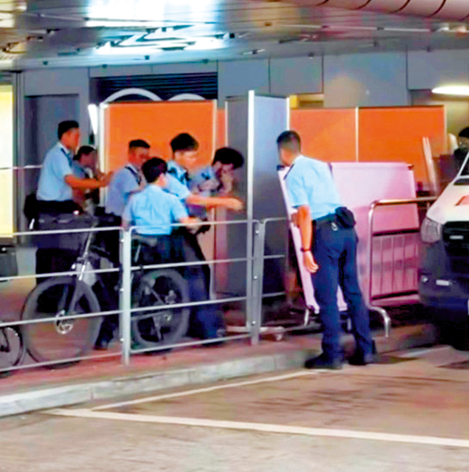 　　圖：元朗有大狗咬死兩隻小狗後，警員用圍板制服牠。