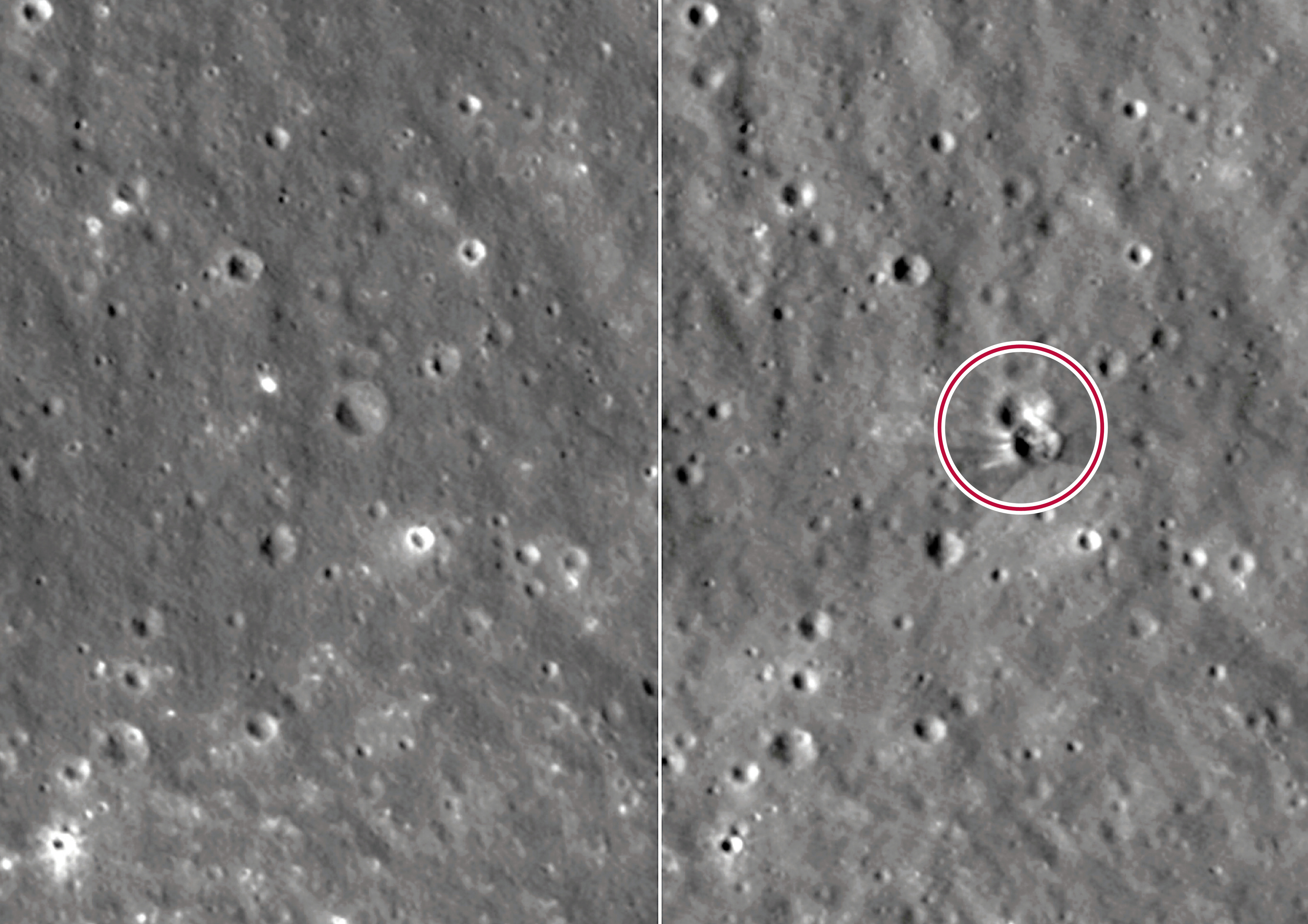 　　圖：NASA於18日公布火箭殘骸撞擊月球留下坑洞（右圖）的照片。\法新社