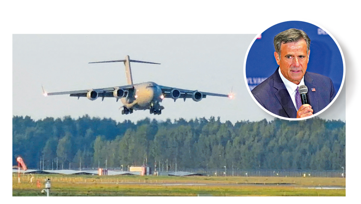 　　圖：一架美軍C-17A軍用運輸機25日抵達里加，圓圖為CIA局長拉特克利夫。\路透社