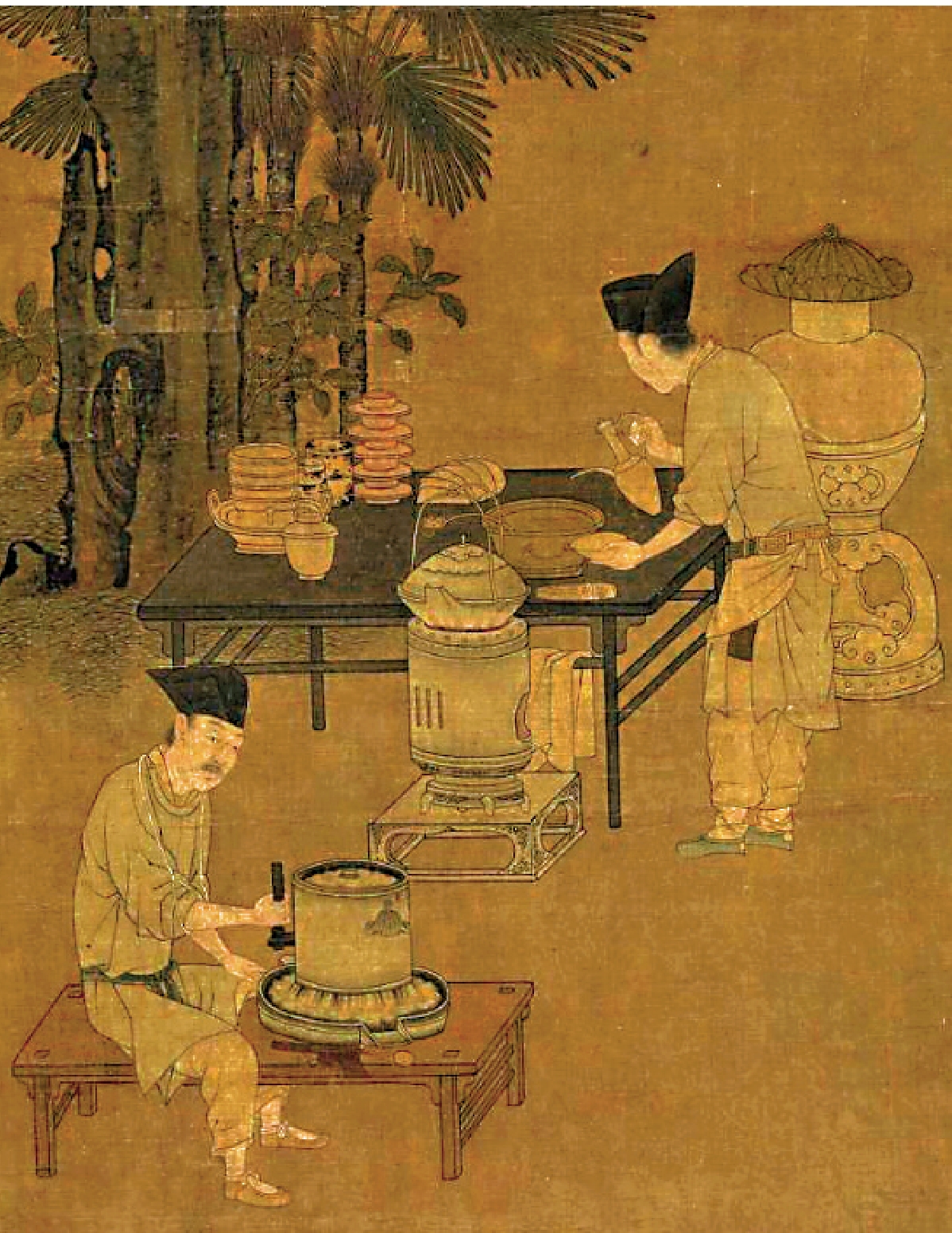 　　圖：《宋劉松年攆茶圖軸》（局部）上繪有宋人「點茶」之場景。\台北故宮博物院藏