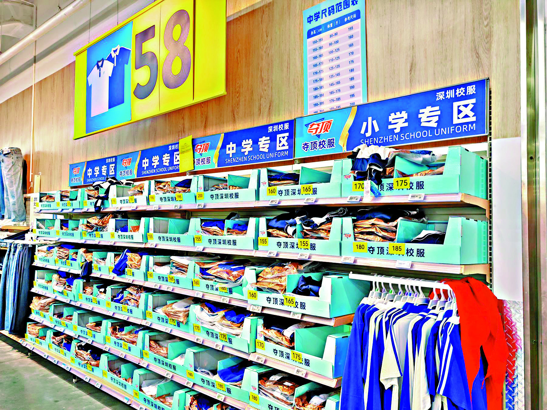 　　圖：深圳商超賣場及文具店大多都有中小學校服出售。\大公報記者石華攝