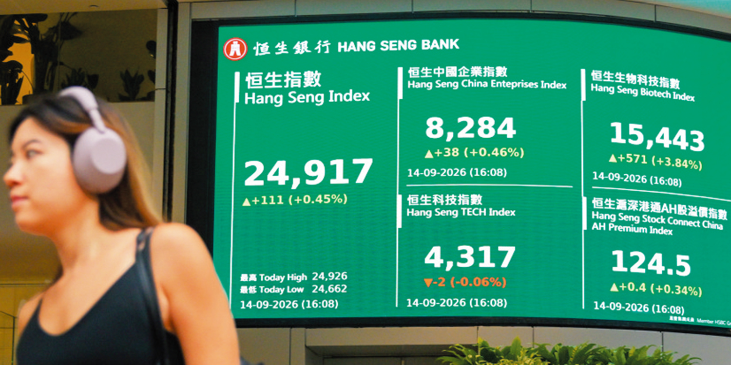 　　圖：在銀行股力撐下，恒指先跌後反彈，升111點，終止五連跌。\中新社
