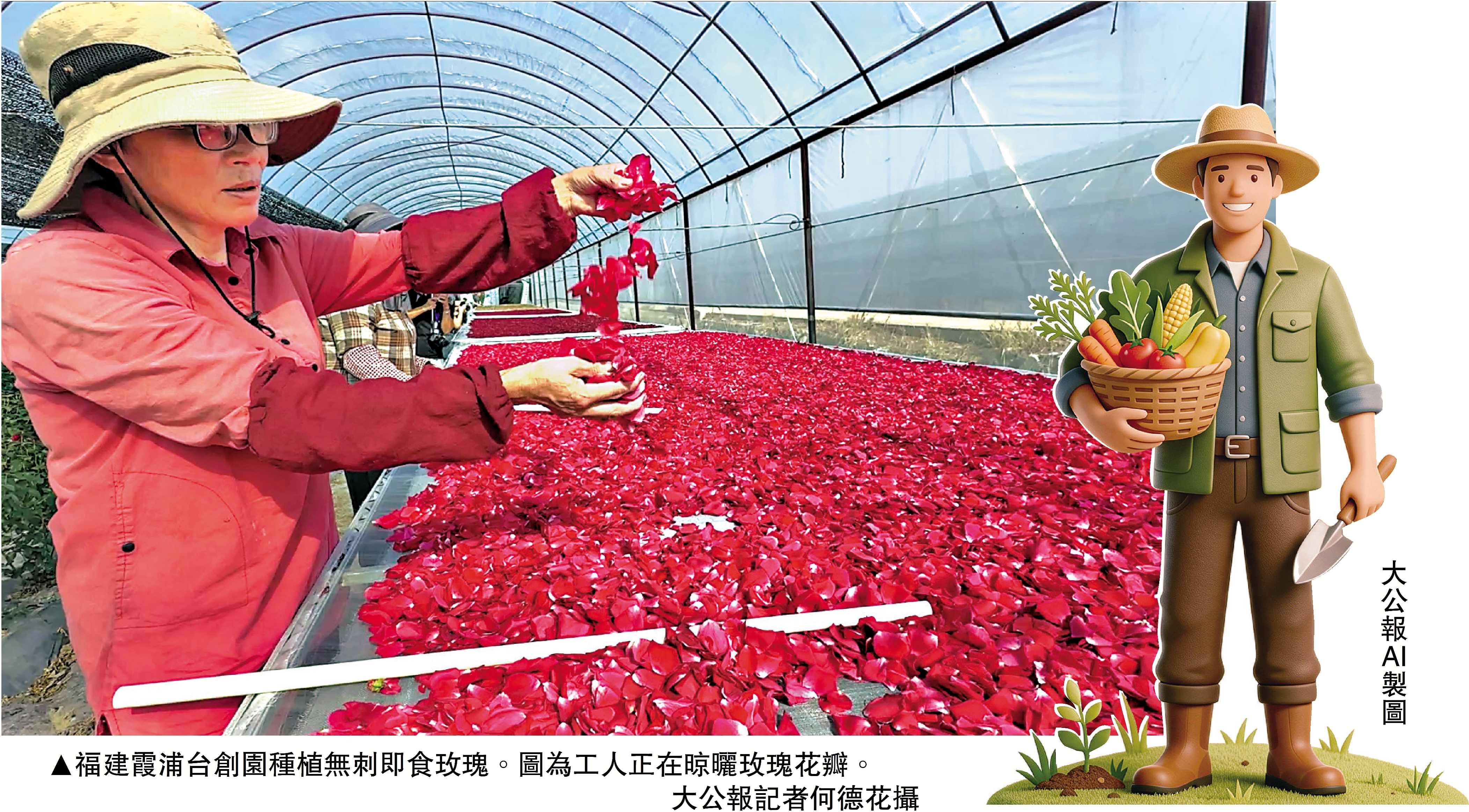 　　圖：福建霞浦台創園種植無刺即食玫瑰。圖為工人正在晾曬玫瑰花瓣。/大公報記者何德花攝
